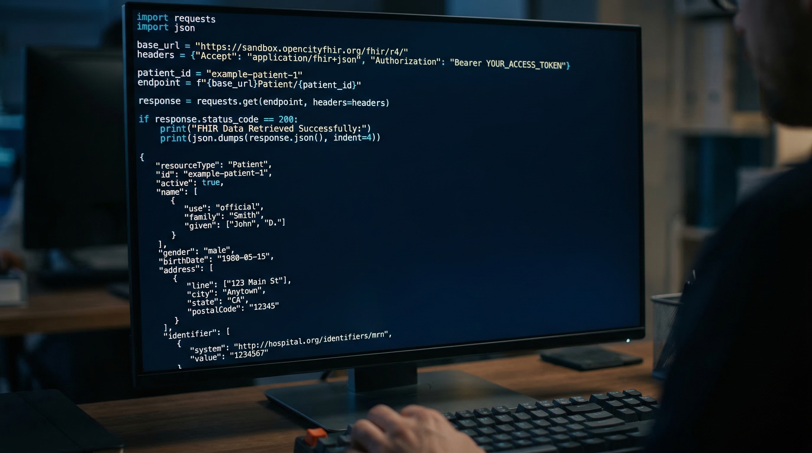 Python code connecting to the Epic FHIR sandbox API, displayed on a dark terminal background