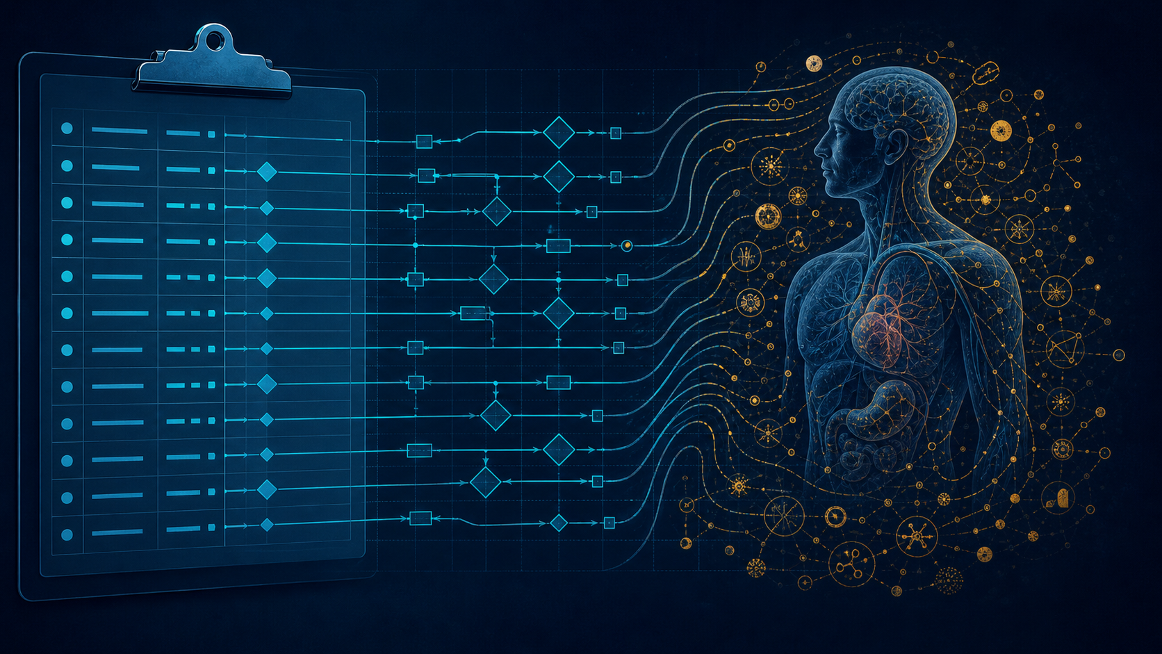 A precise clinical protocol grid bending around a complex patient silhouette without enclosing it