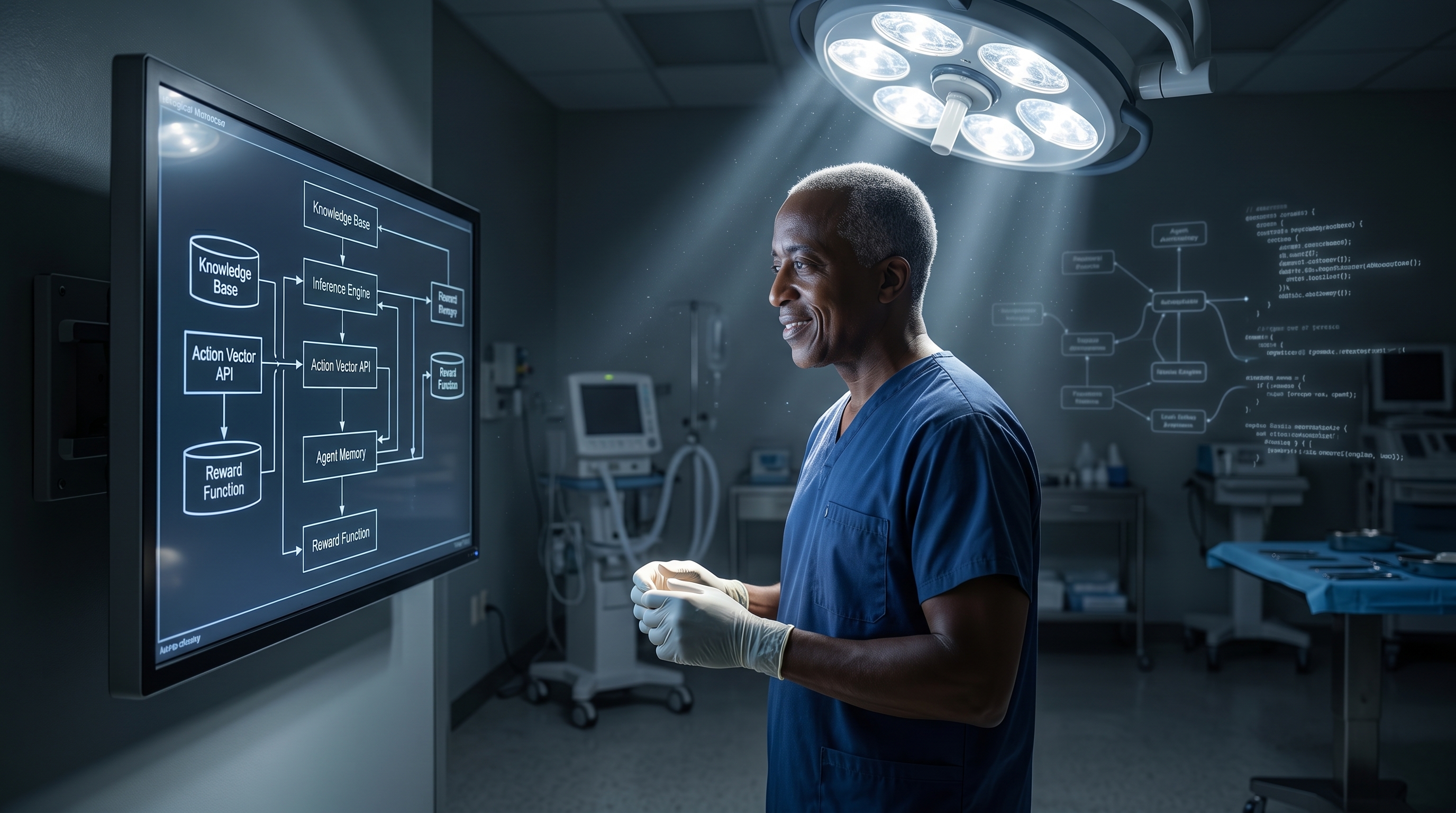 Physician-developer reviewing an AI agent workflow with software fundamentals, code structure, and clinical accountability represented across screens