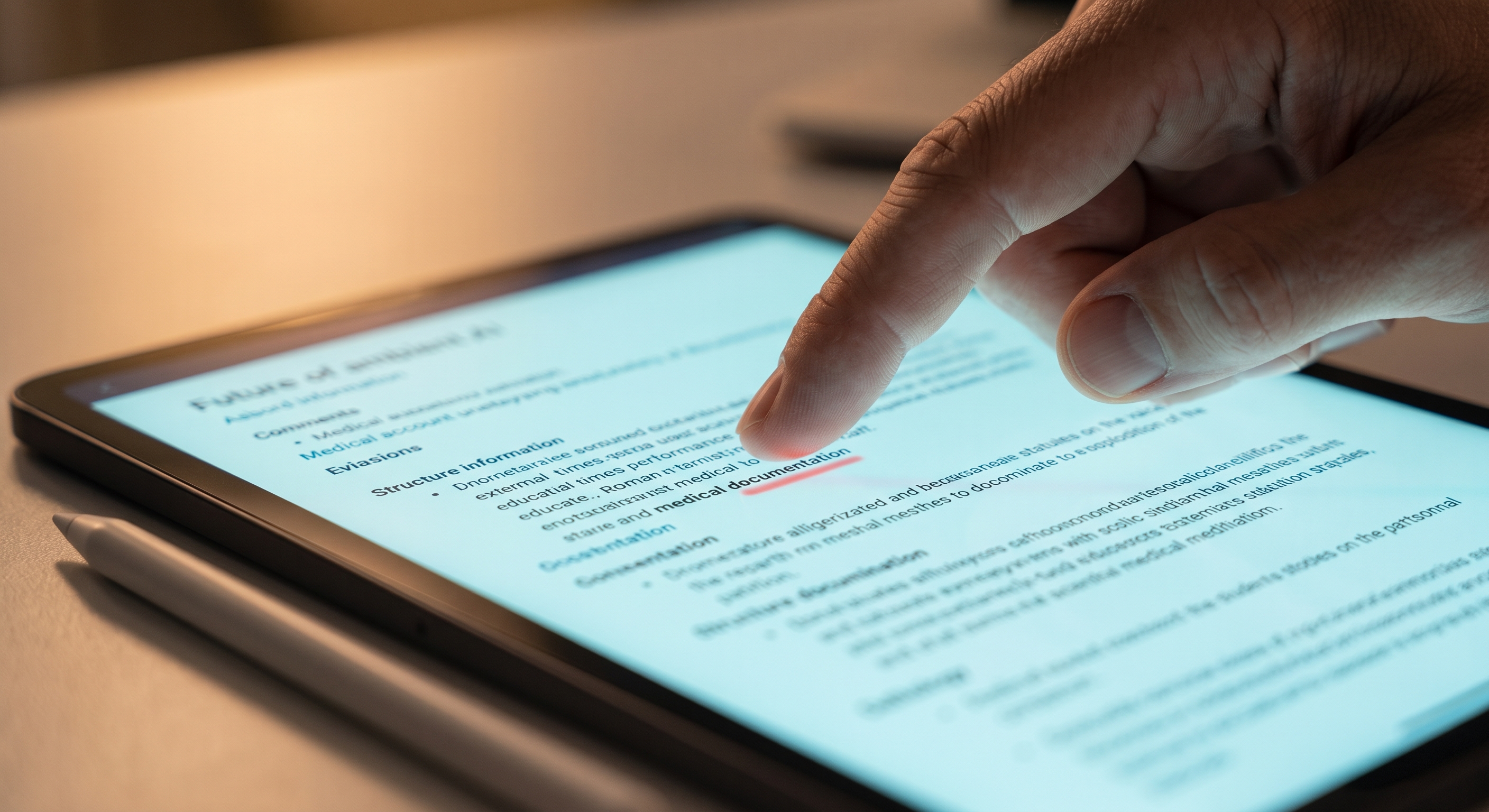 A physician's finger tracing a line of clinical text on a tablet, a pen resting nearby, close and deliberate
