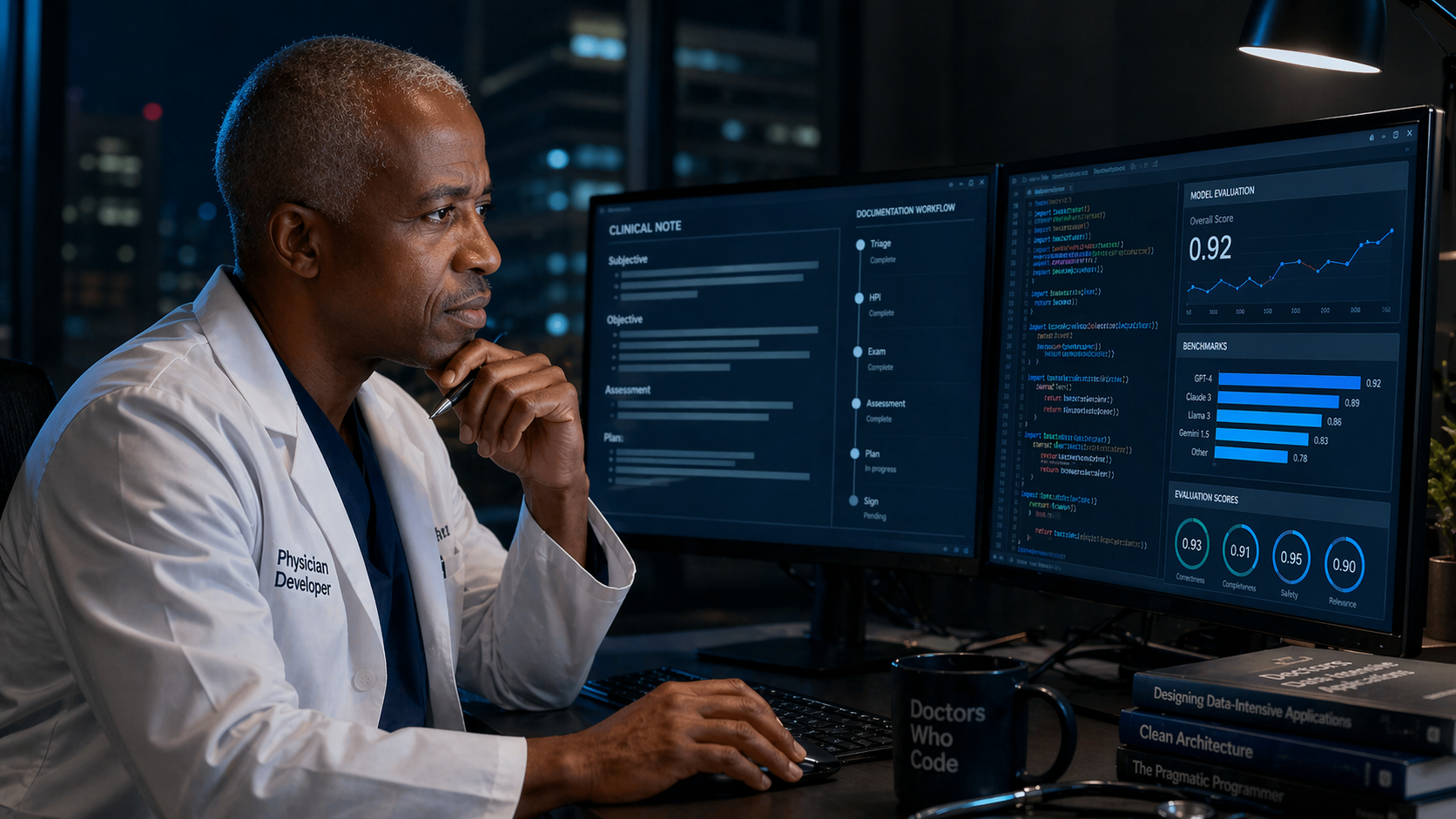 Physician-developer at a night workstation reviewing a clinical note workflow, code, and model evaluation dashboards