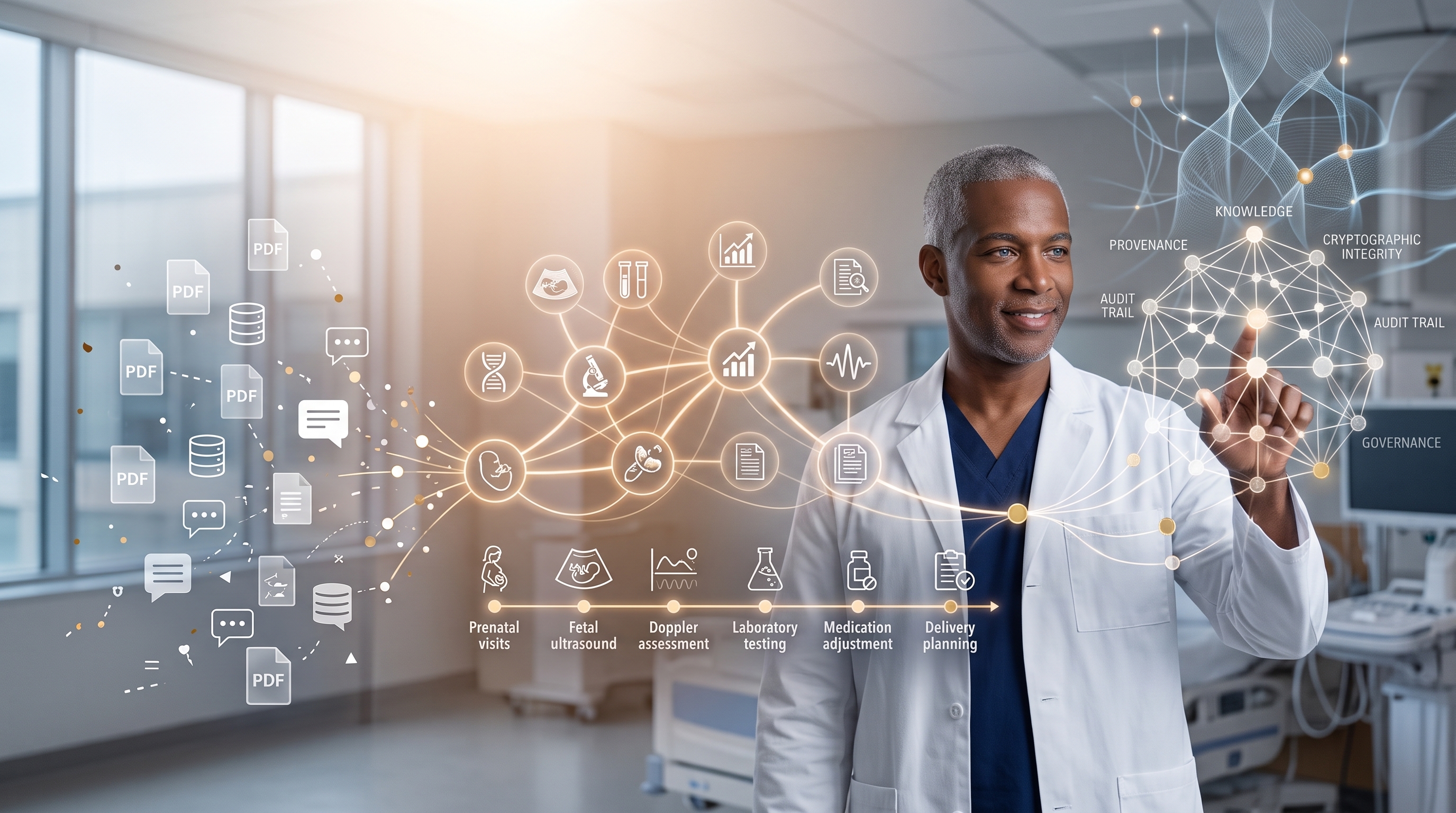 Layered, glowing knowledge graph representing a physician's longitudinal memory of a patient across years of clinical data