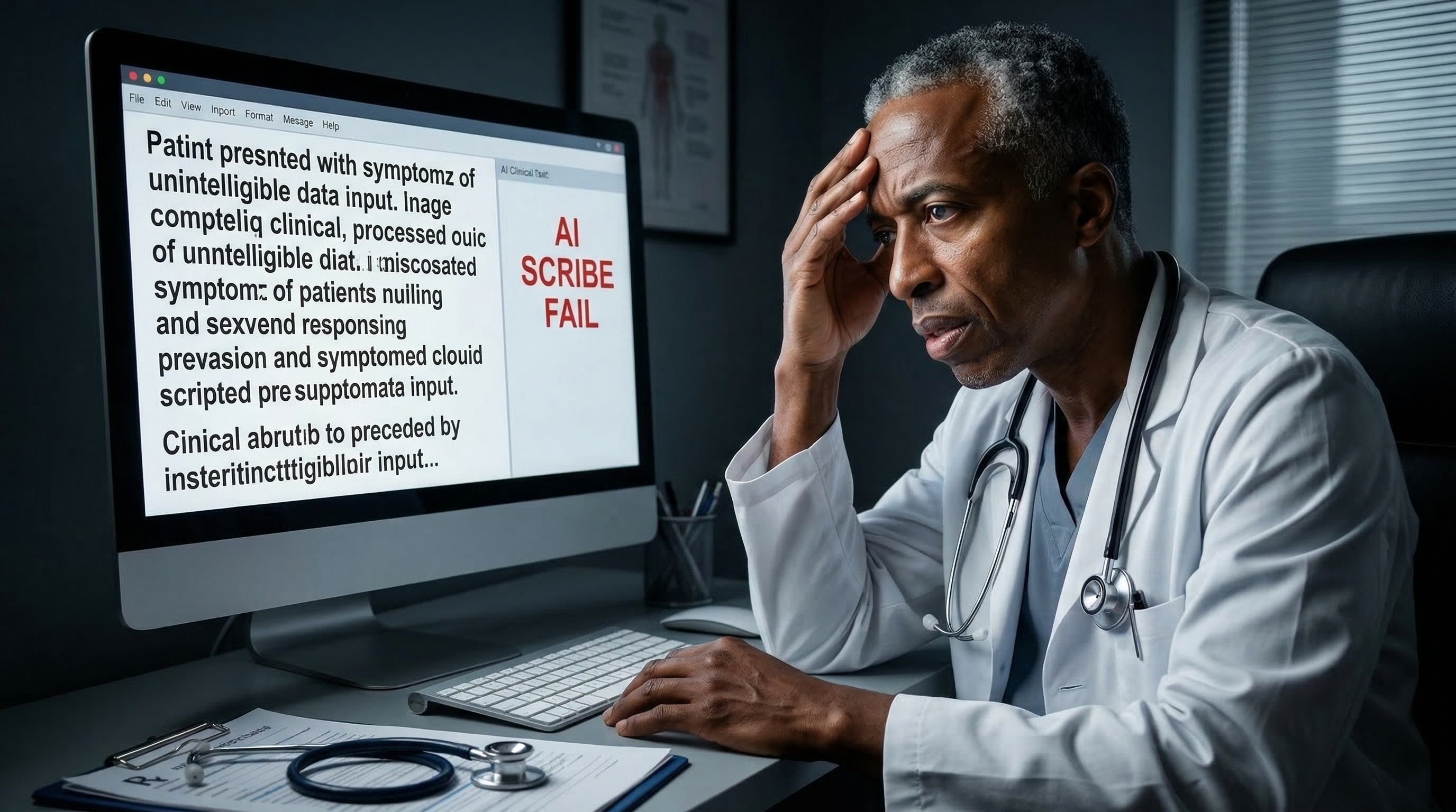 Physician looking frustrated at AI-generated clinical documentation on a computer screen