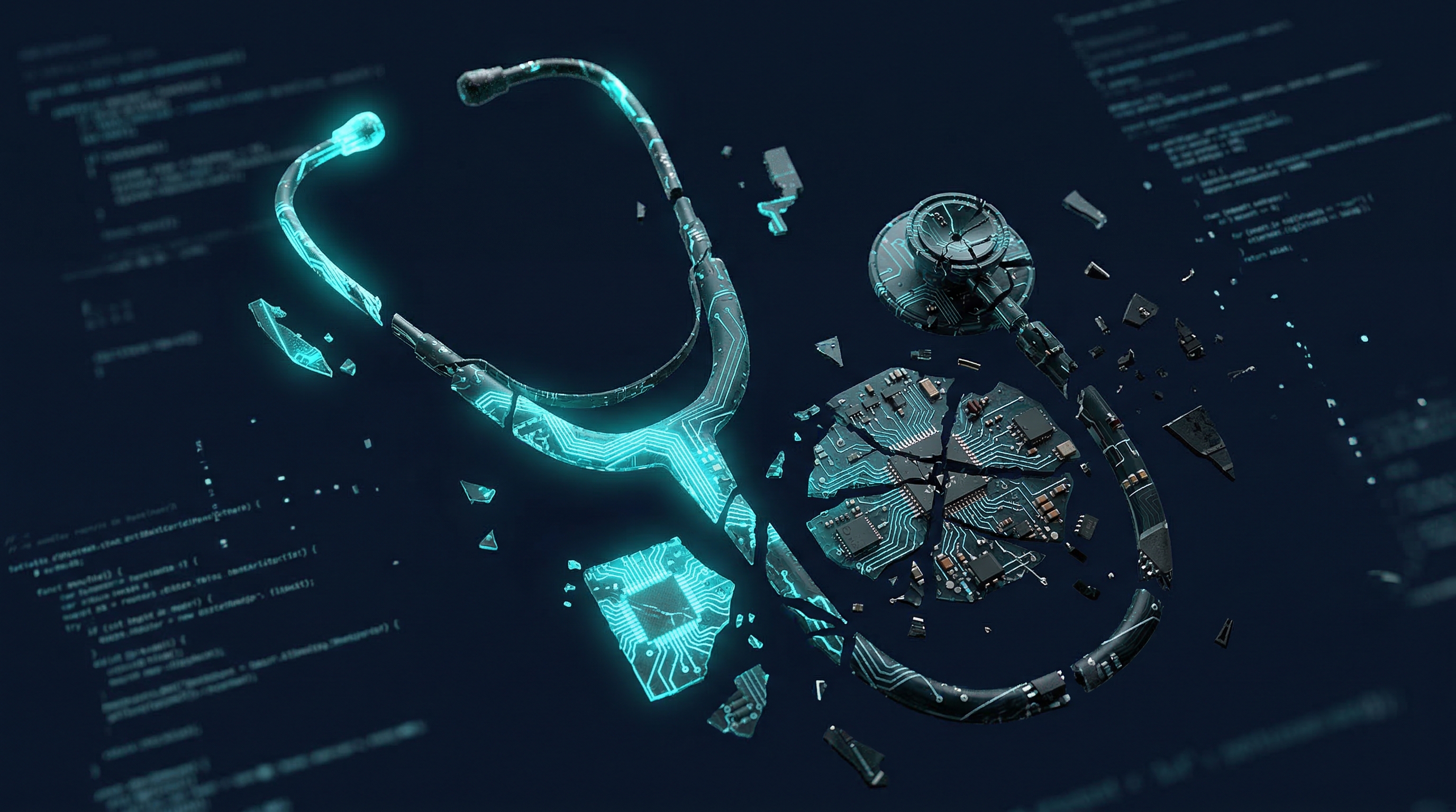 Shattered circuit board shaped like a stethoscope, symbolizing failed physician-built AI tools