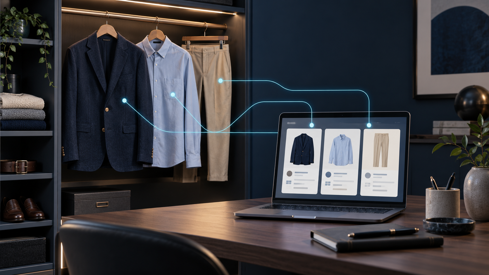 A blazer, shirt, and trousers in a closet connected by cyan lines to matching garment cards on a laptop.
