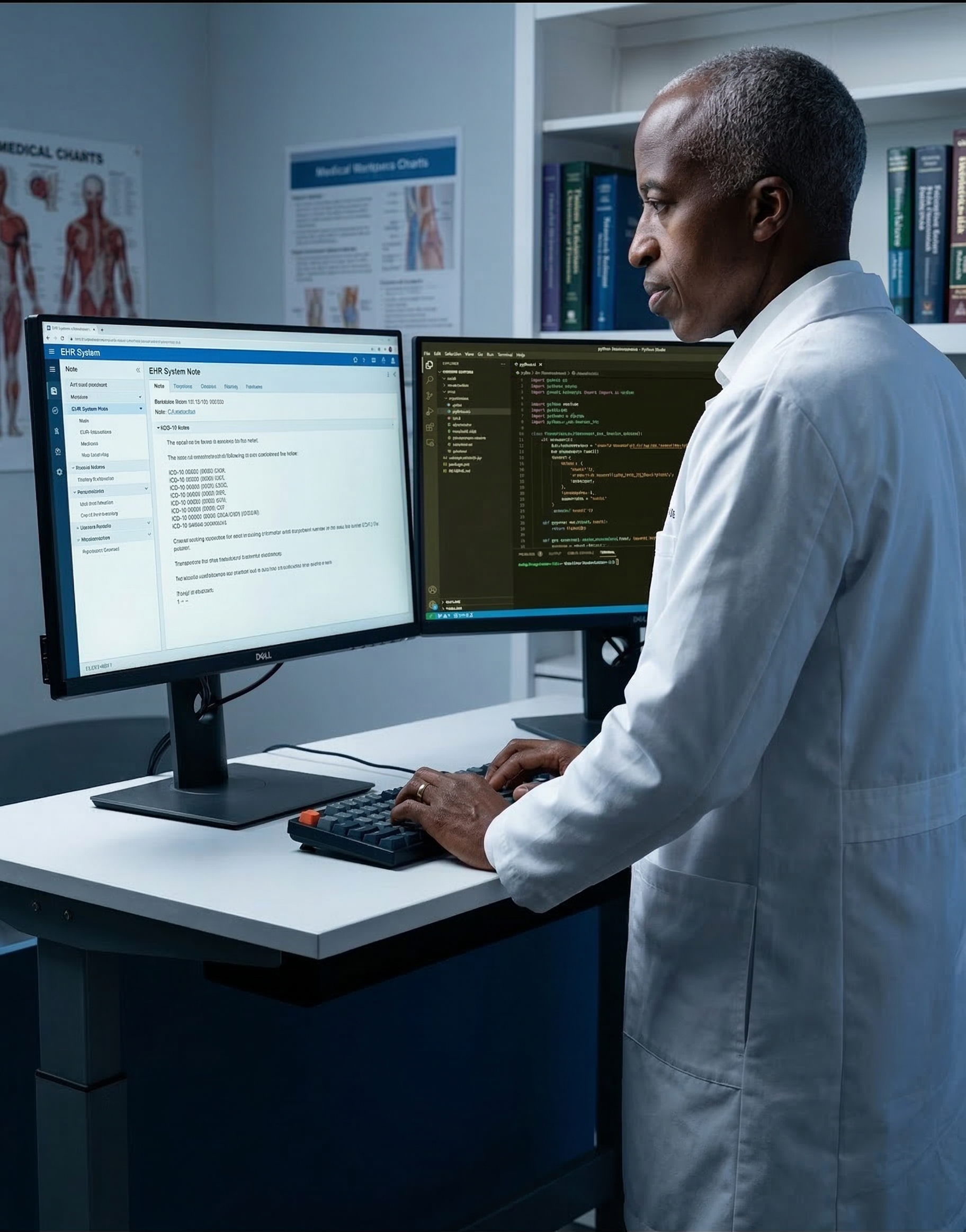 Physician at dual-monitor workstation with EHR on one screen and code on the other