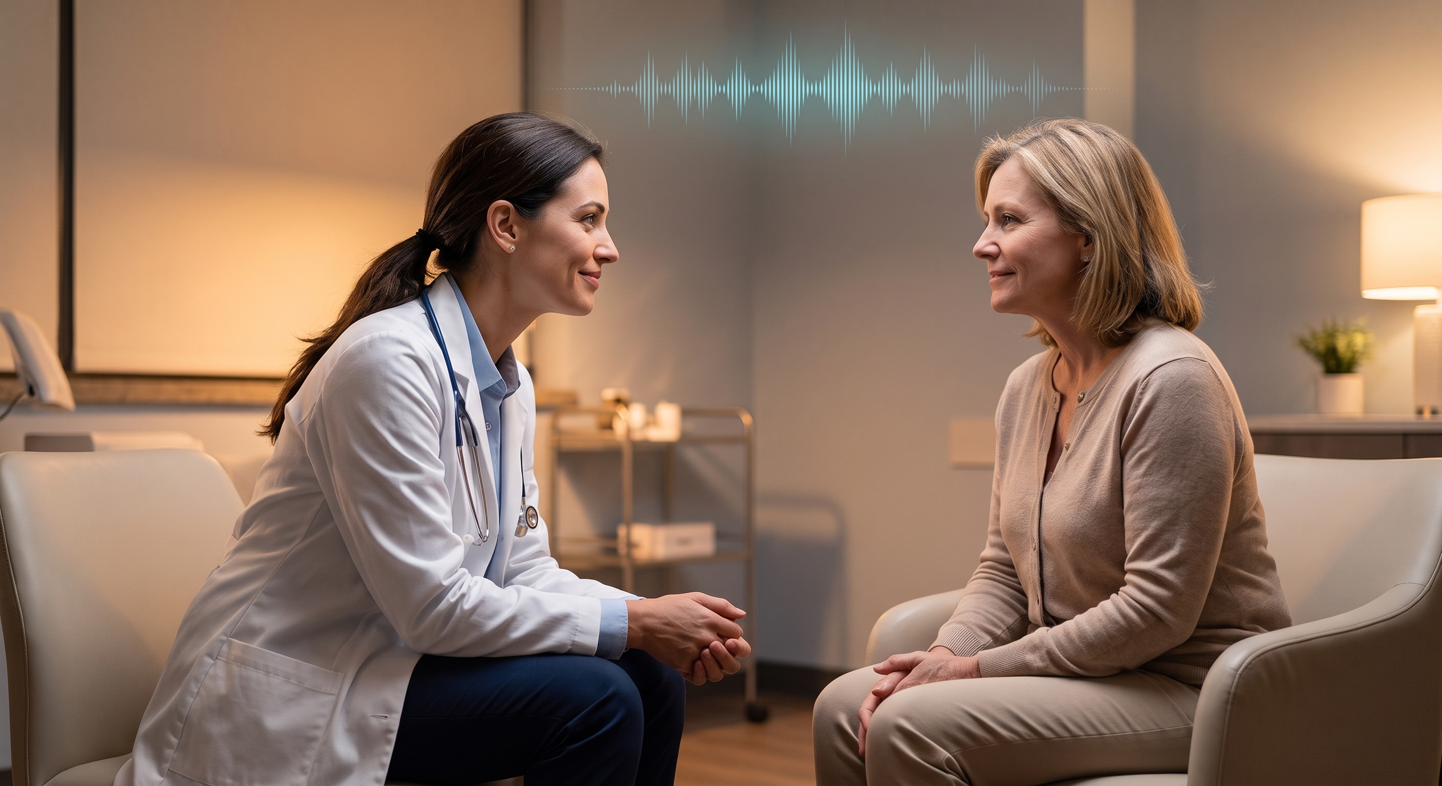 A physician leaning forward listening intently to a patient, no laptop screen visible between them