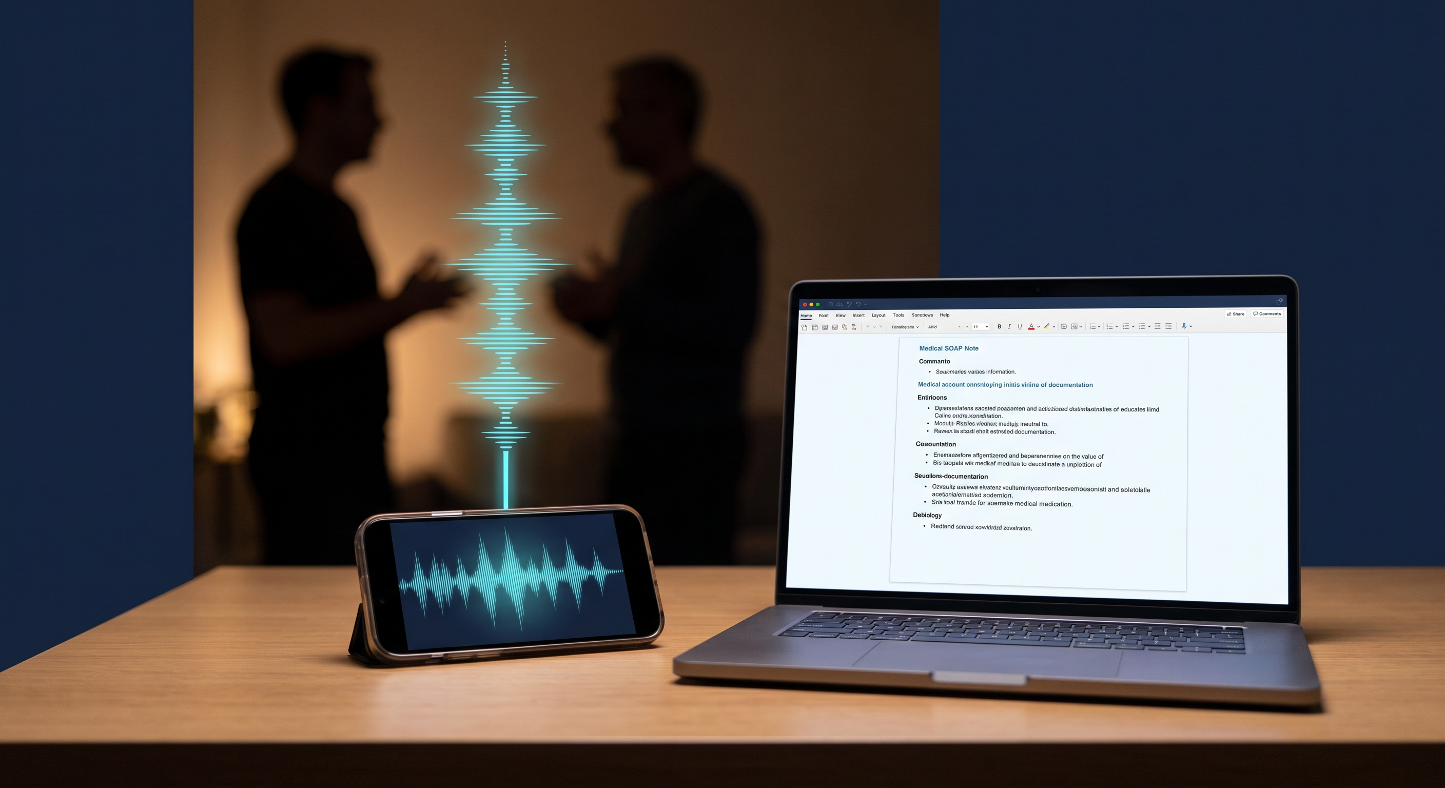 A phone recording a mock interview on a kitchen table, a laptop nearby showing a structured SOAP note being generated