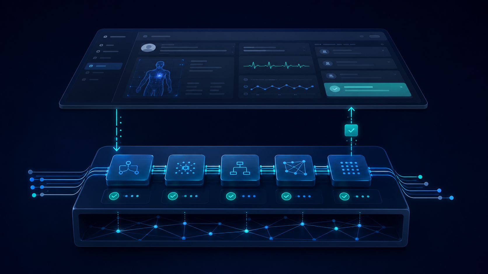 A transparent clinical application showing a tested logic engine beneath a restrained interface