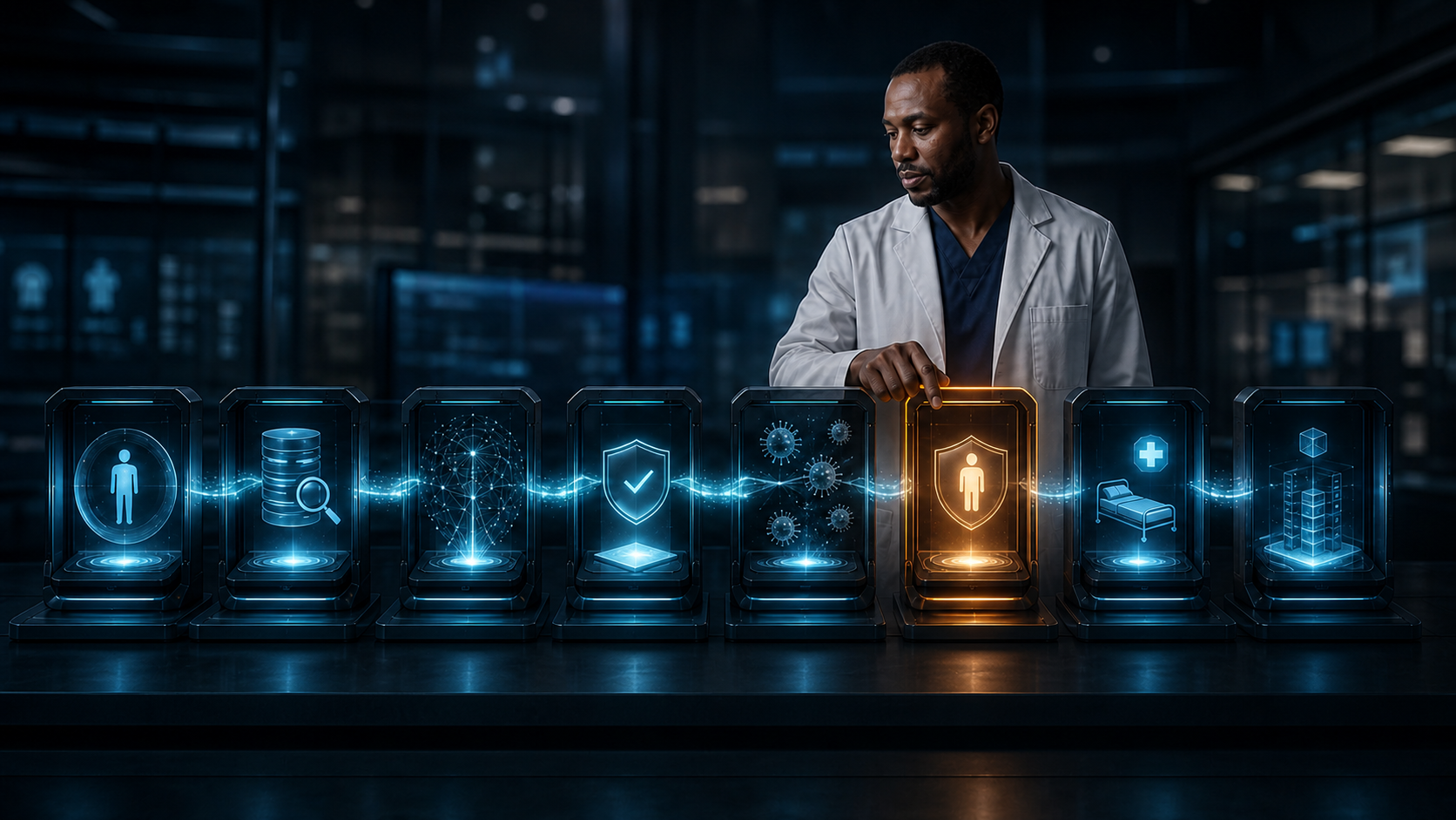An eight-stage clinical AI harness carrying evidence through verification and physician approval before a bounded clinical action