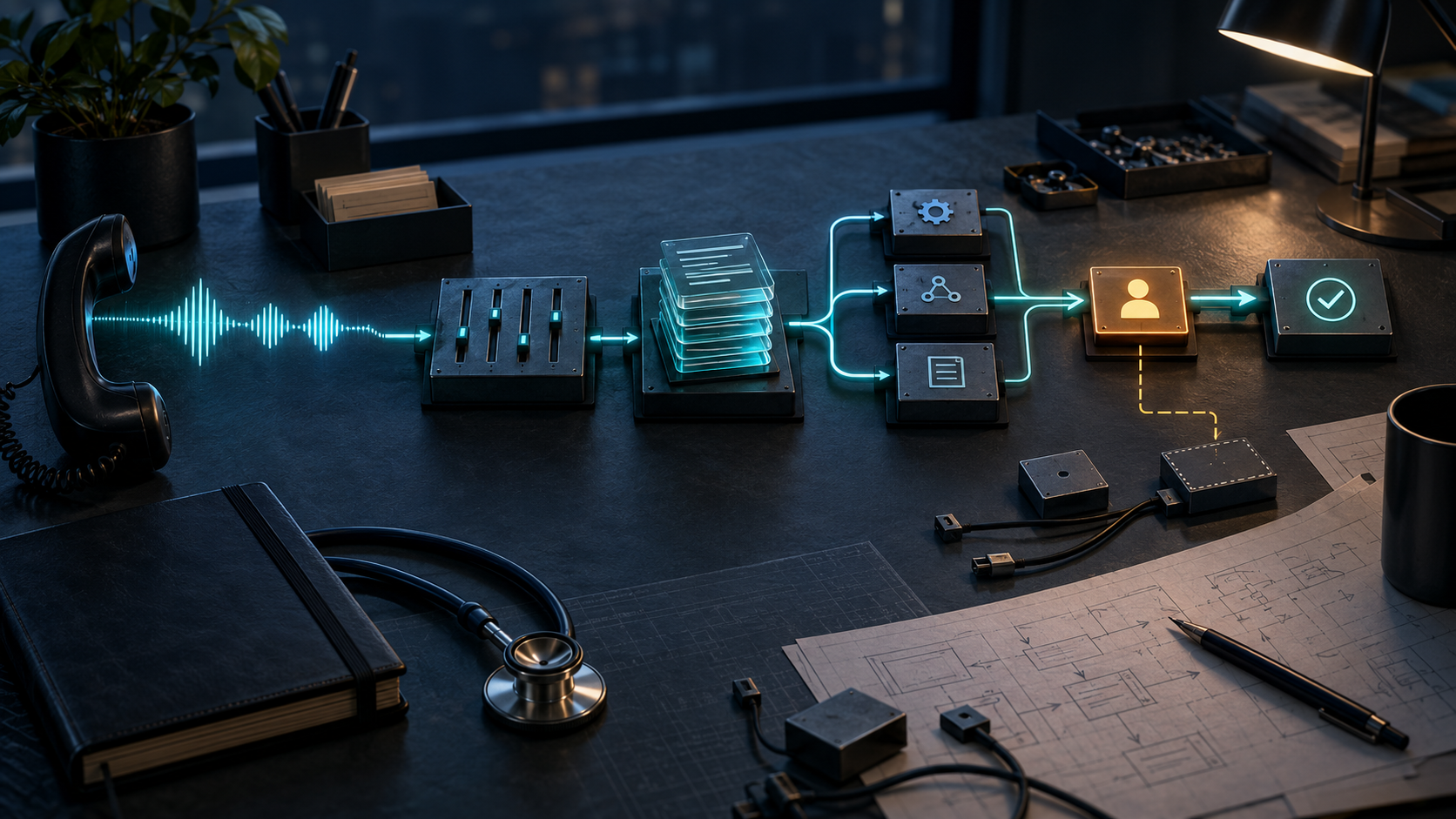 A telephone waveform flows through memory and tool modules to an amber human-review checkpoint on a physician-developer workbench.