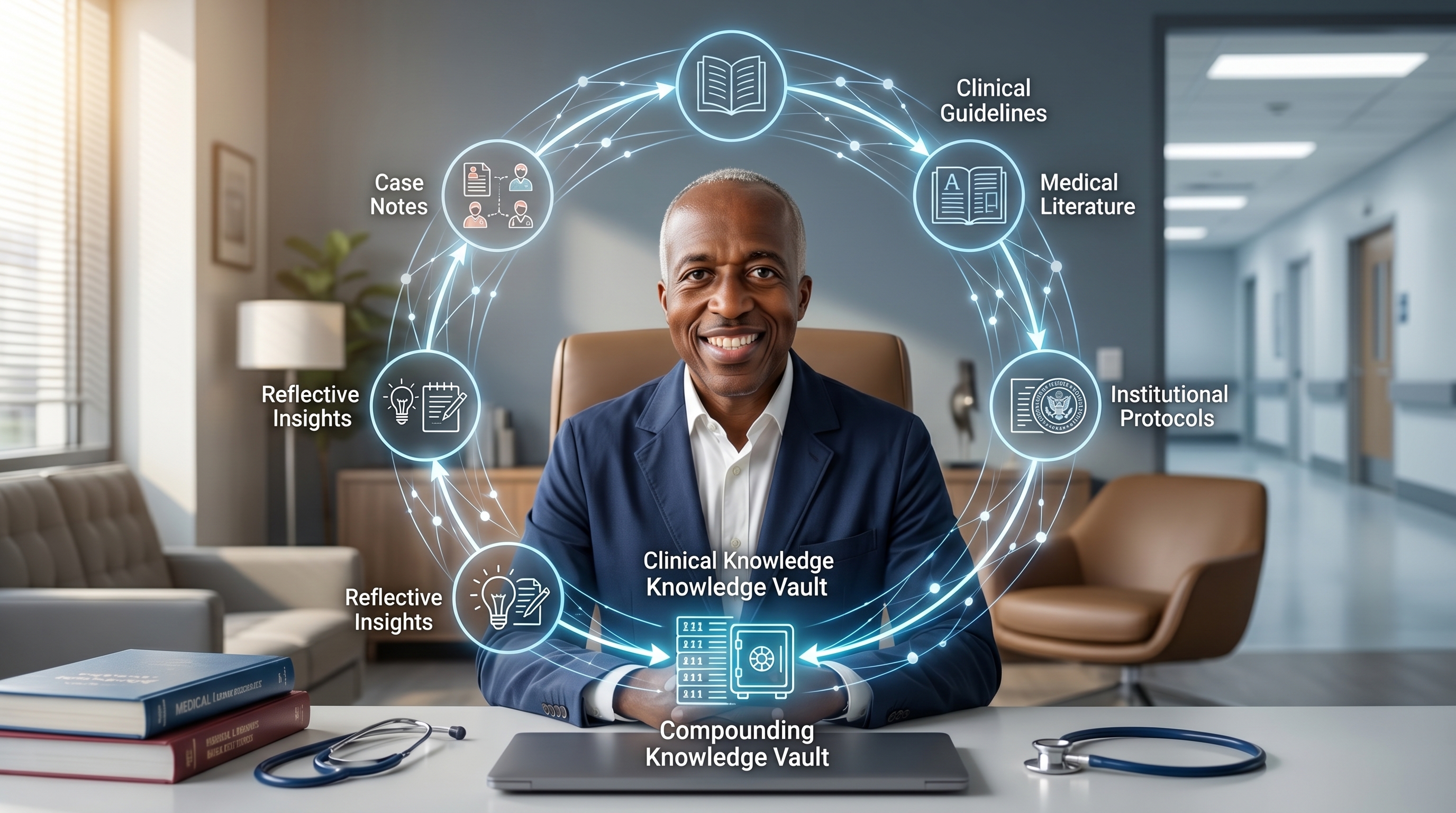 Physician workstation showing a clinical evidence synthesis knowledge vault beside medical references and notes