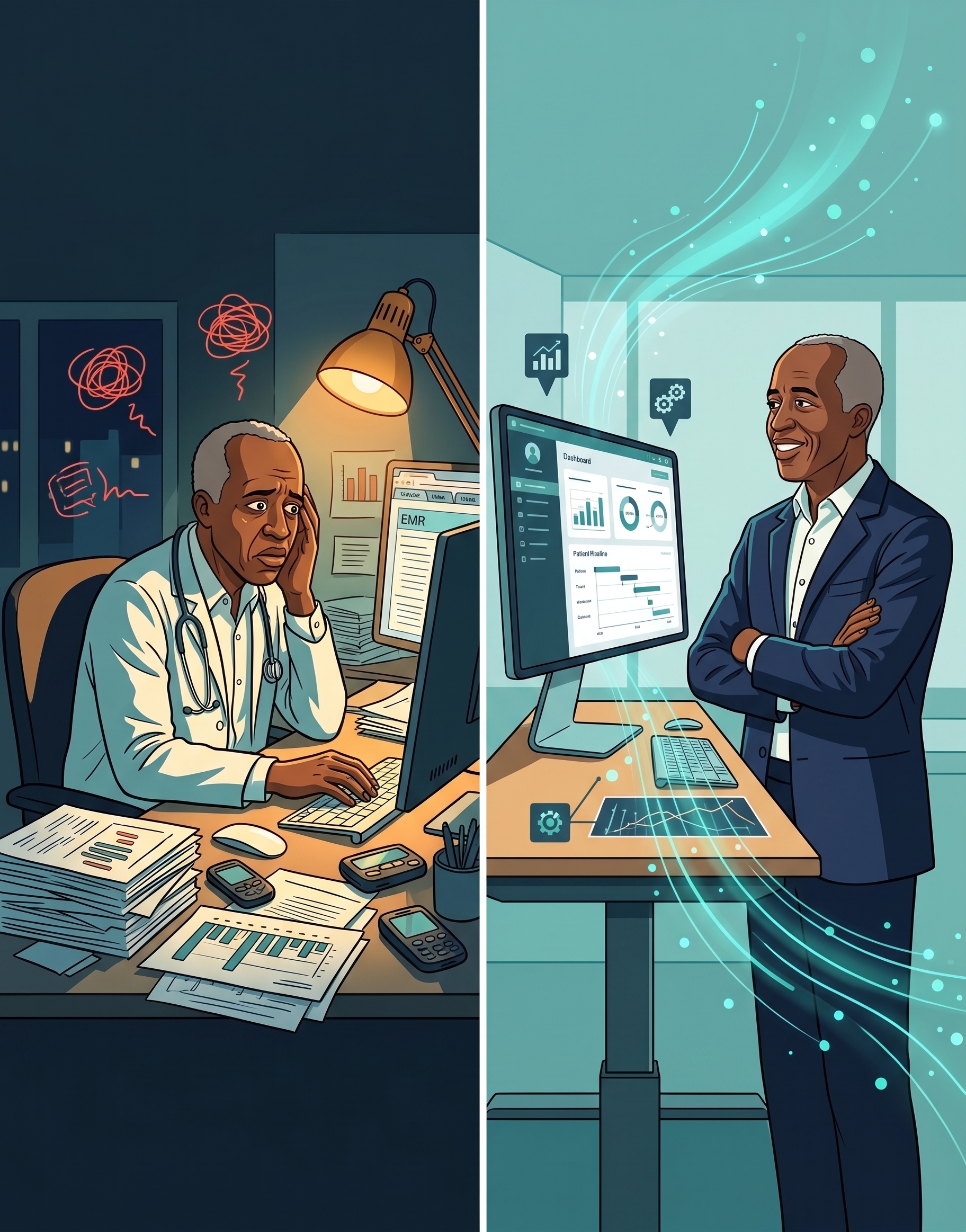 Physician-developer sitting with a laptop at night, surrounded by visible signs of technical friction and clinical responsibility