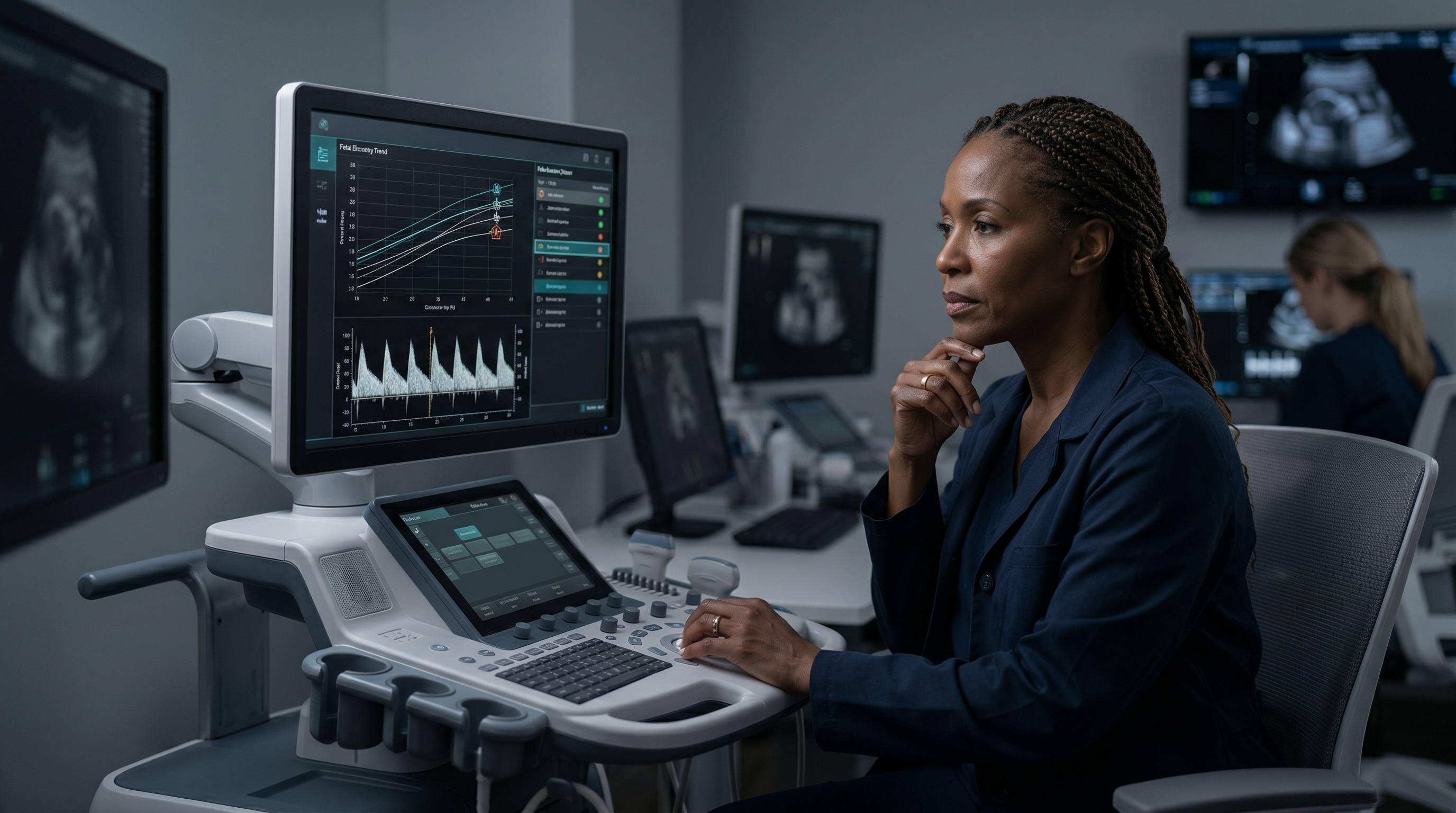 Clinical AI fetal growth restriction surveillance interface with ultrasound and longitudinal pregnancy data.