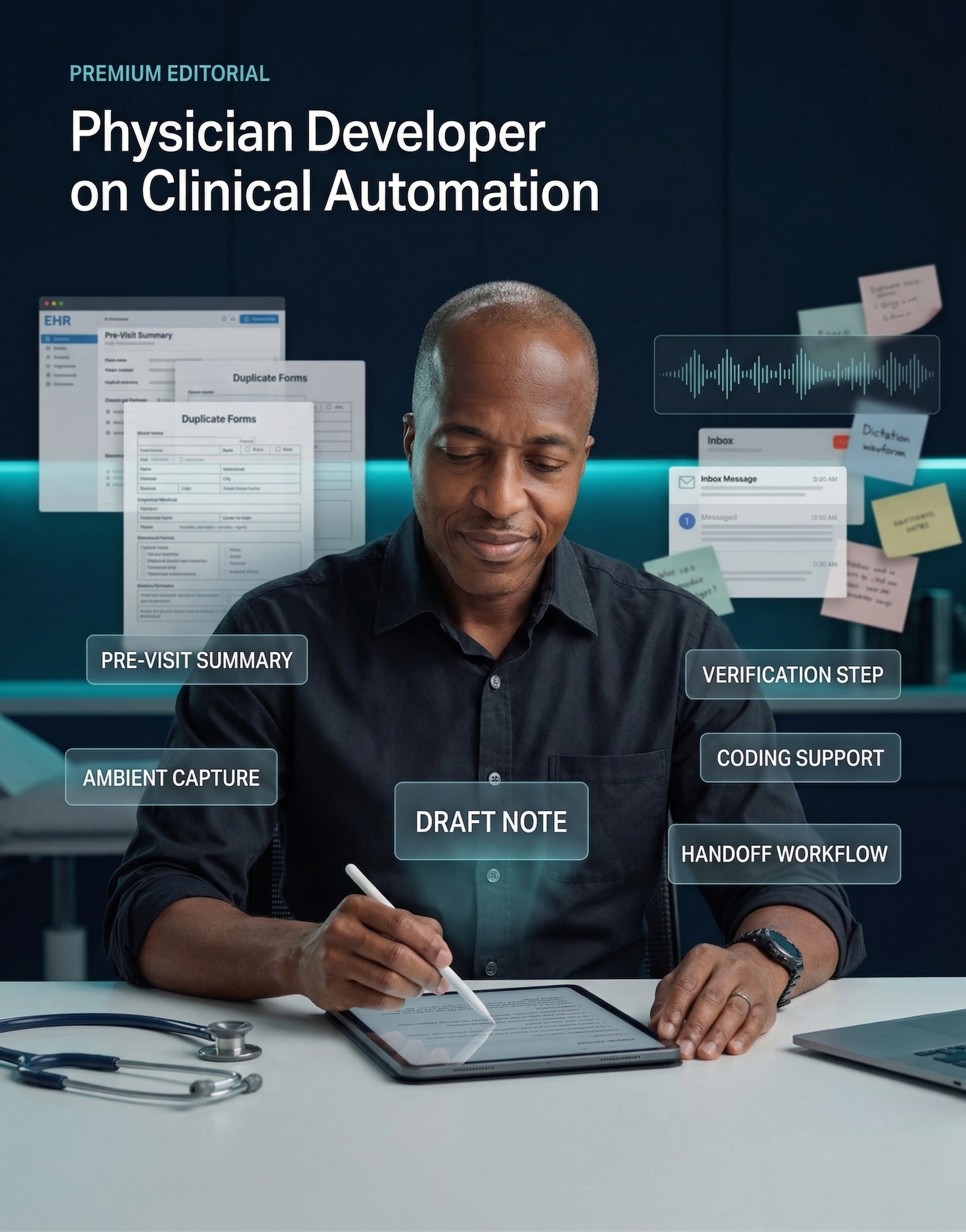 Physician-developer reviewing a clinical workflow while pre-visit summary, ambient capture, draft note, verification, coding support, and handoff steps appear around him