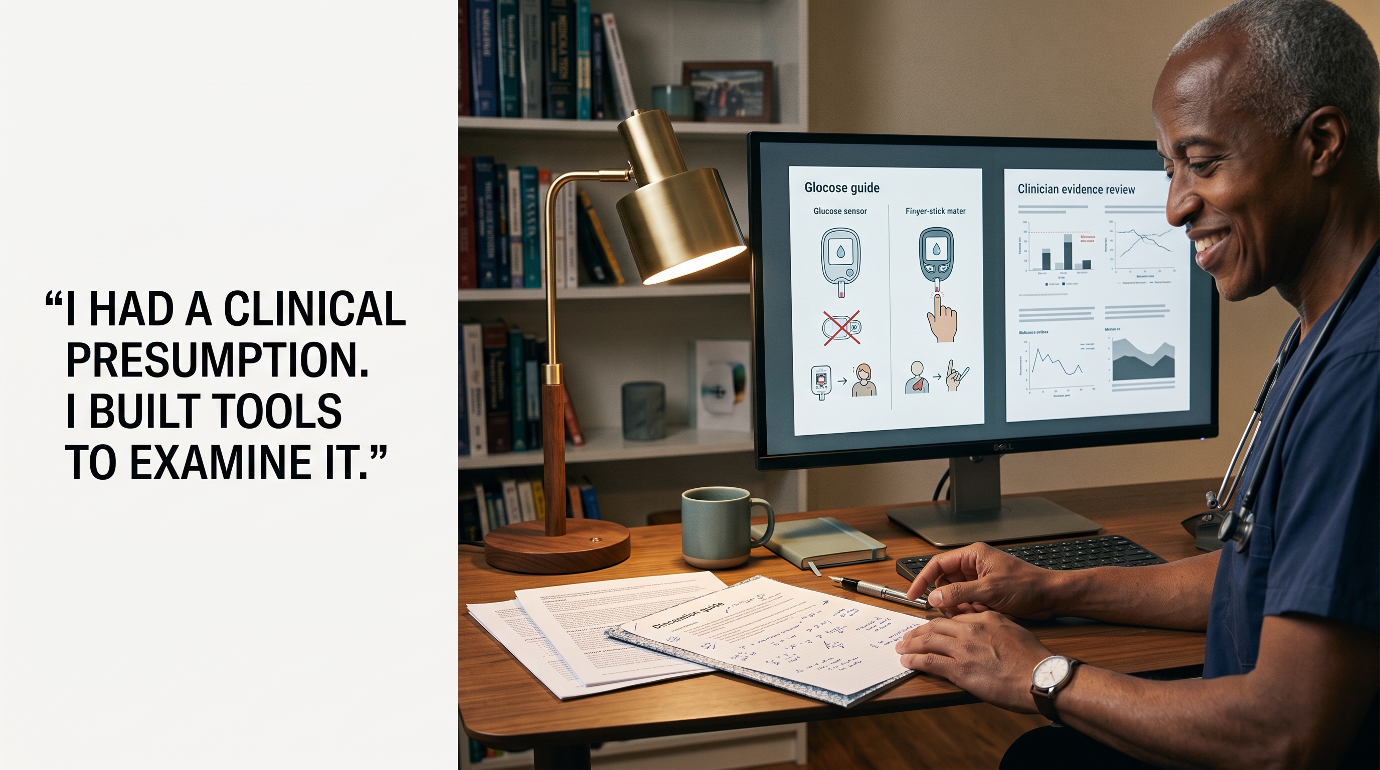 Physician reviewing glucose-monitoring educational materials beside the title: I Had a Clinical Presumption. I Built Tools to Examine It.