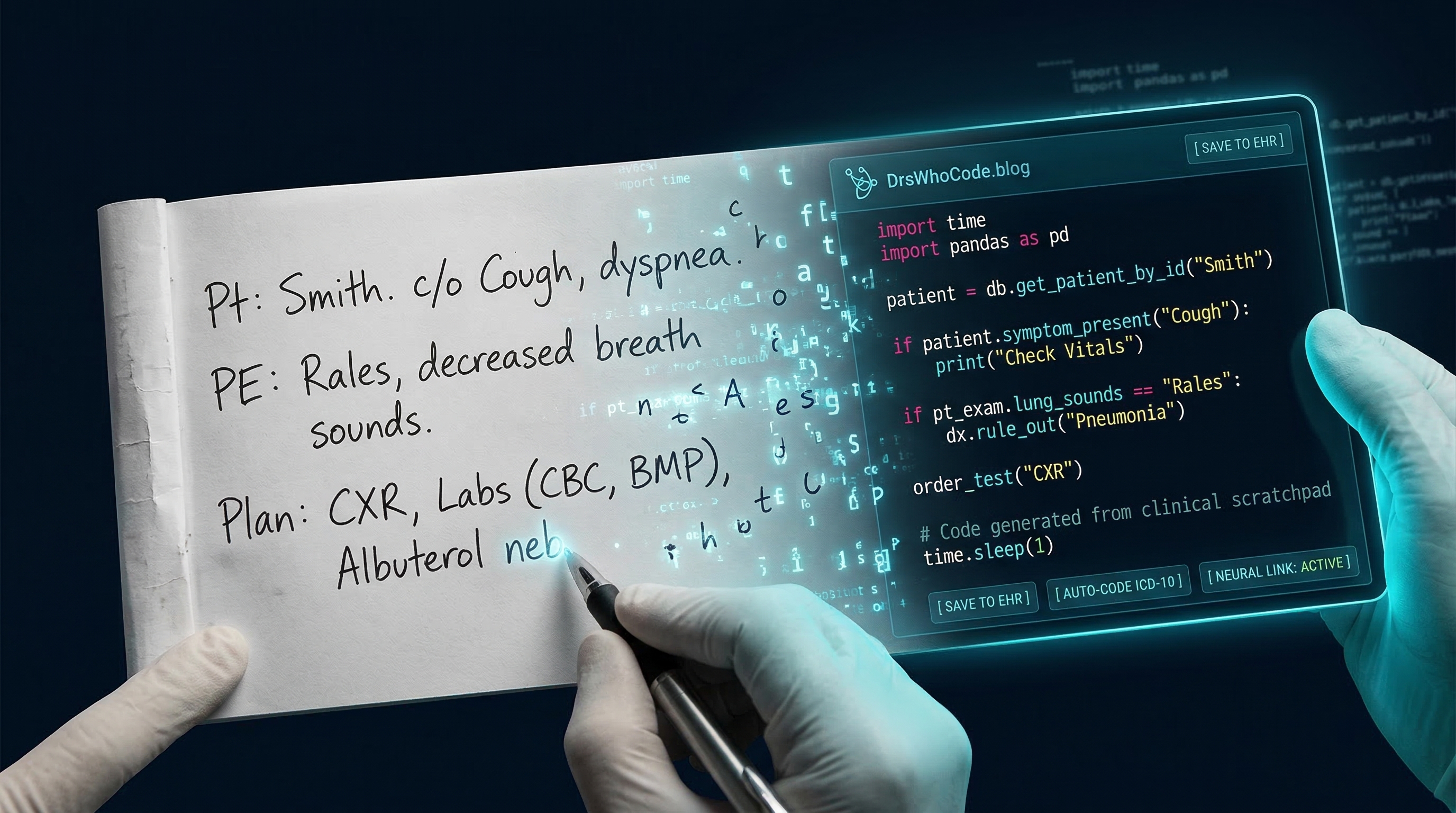 Disposable paper notepad transforming into a glowing digital interface