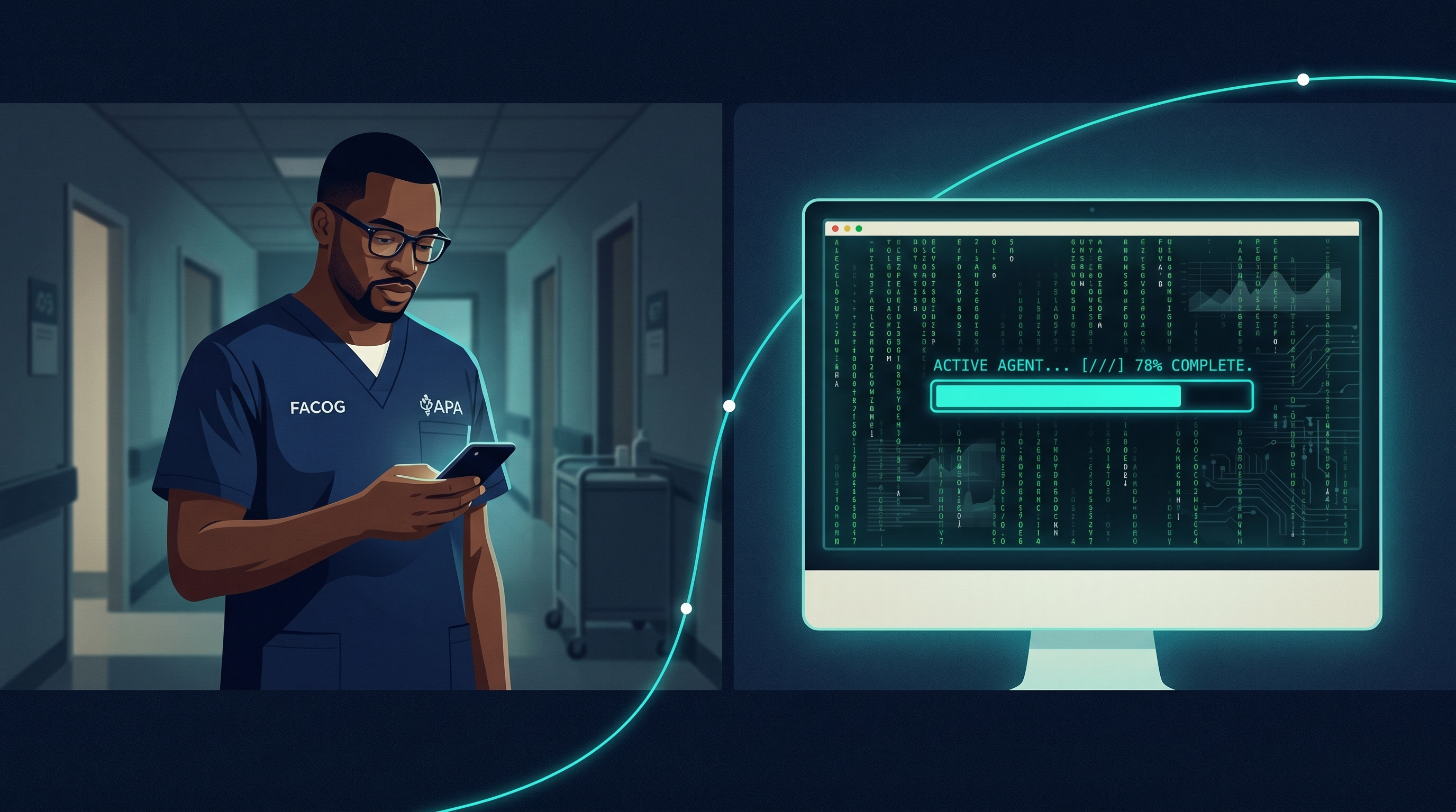 A physician-developer supervising an AI coding agent from a mobile phone between clinical responsibilities
