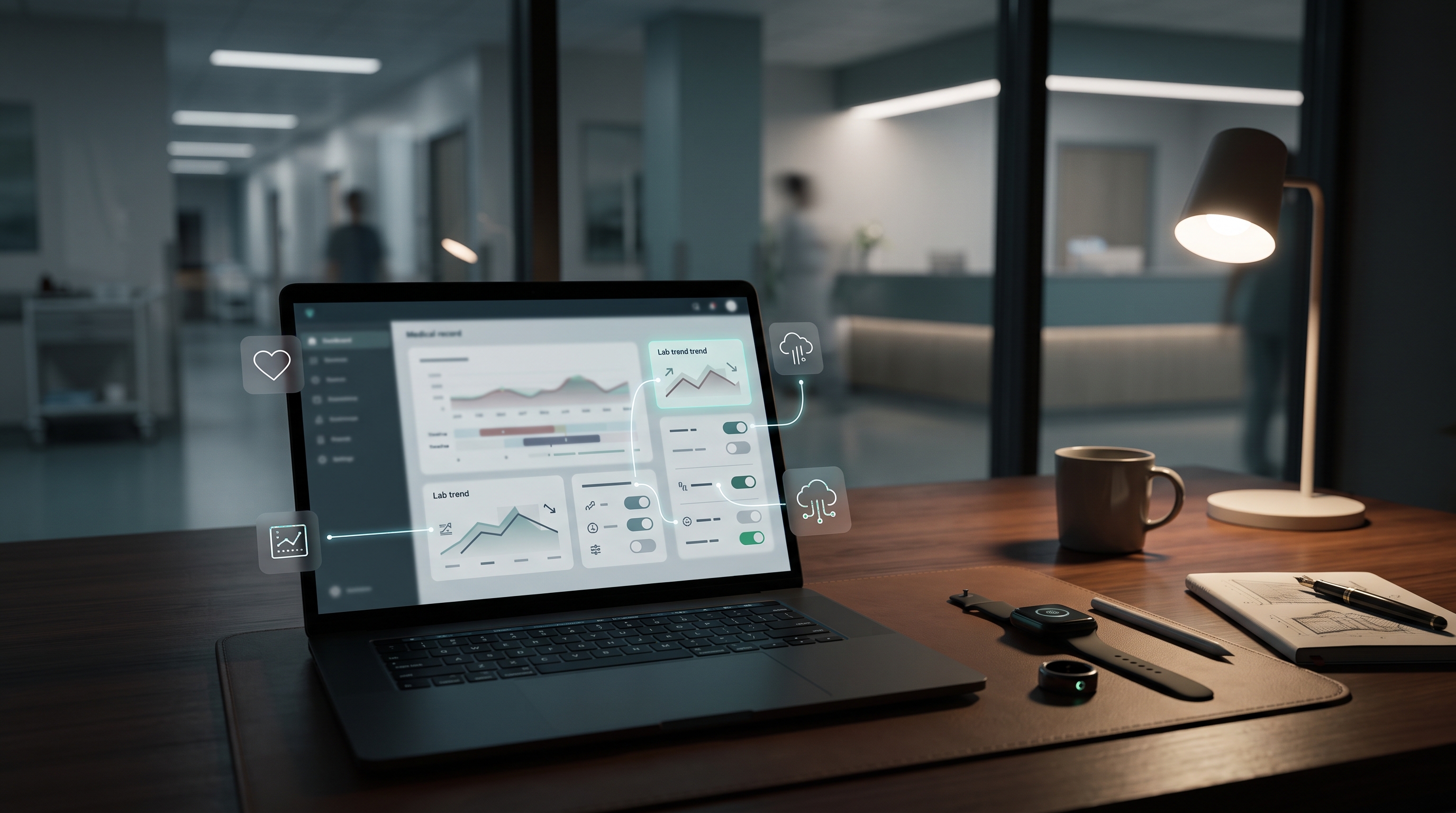 Smartwatch, smart ring, and laptop with abstract medical-record data flows on a clinician desk
