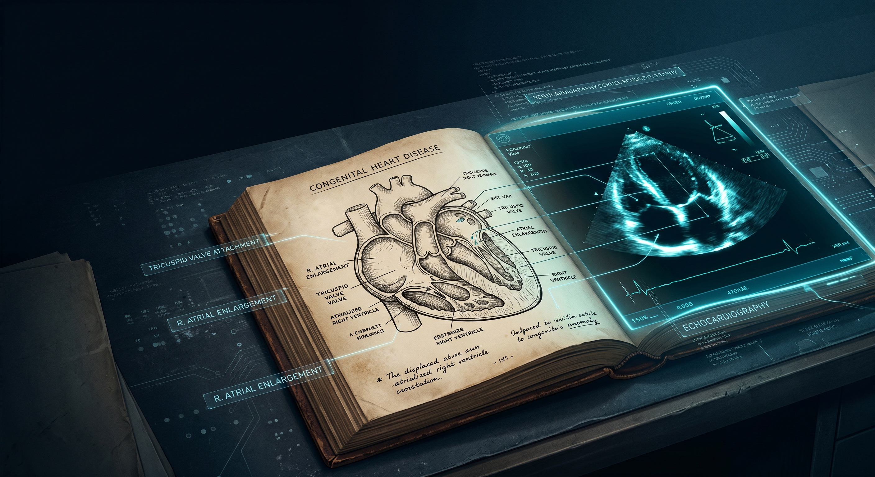 Vintage congenital heart disease textbook illustration of Ebstein's anomaly beside a modern cyan-lit echocardiography interface