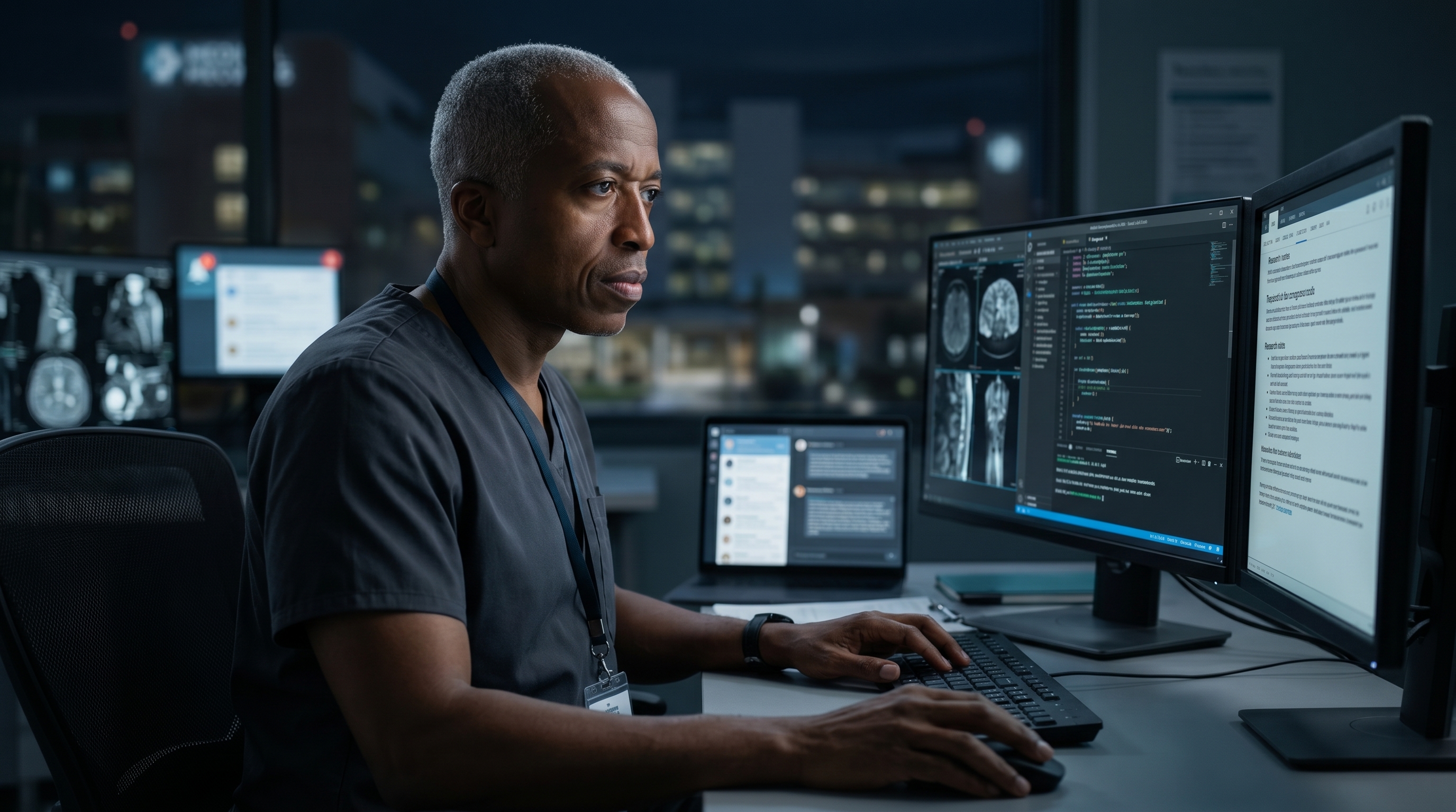 Physician-developer in scrubs working at a multi-monitor clinical workstation at night with imaging, code, and notes visible on screen