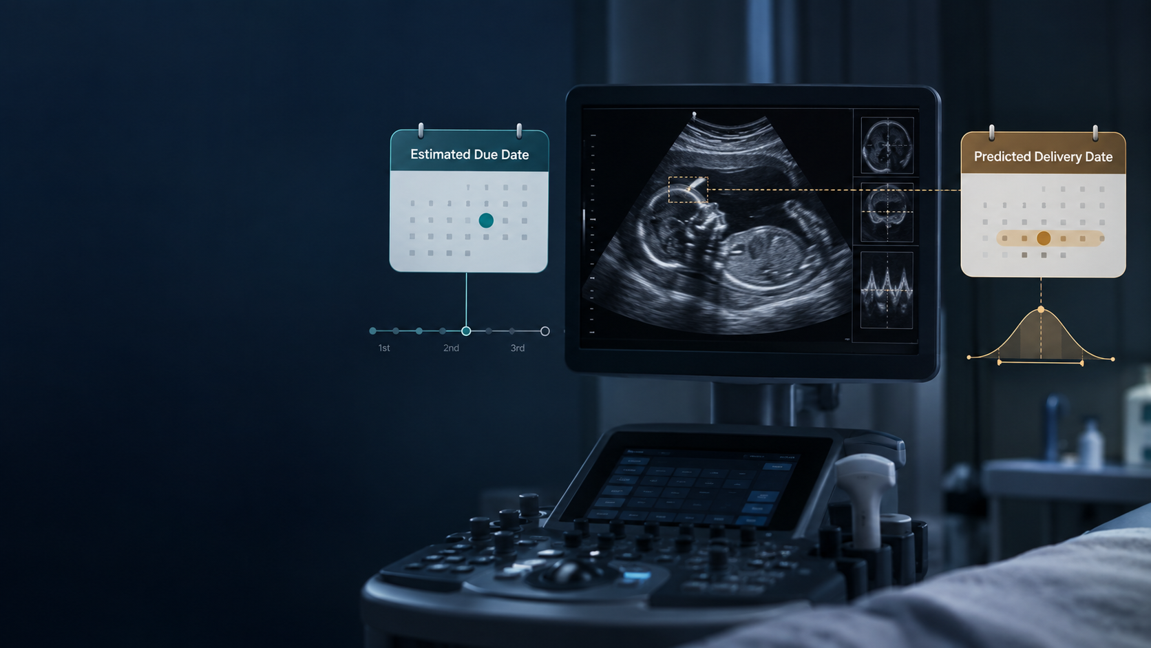 Obstetric ultrasound monitor between separate calendars for Estimated Due Date and Predicted Delivery Date, with a shaded prediction range