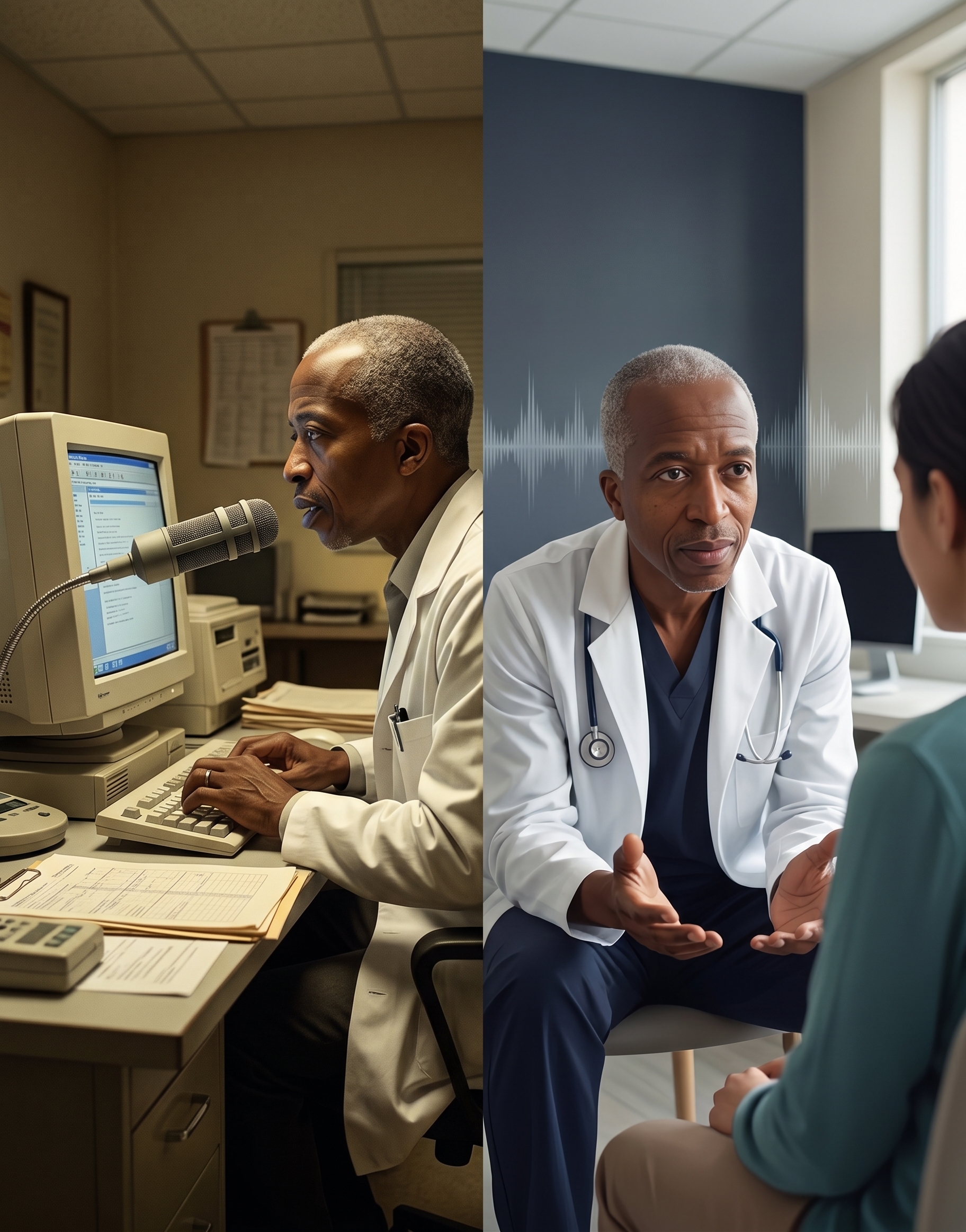 Physician dictation and ambient AI documentation represented as a transition from microphone input to structured clinical notes