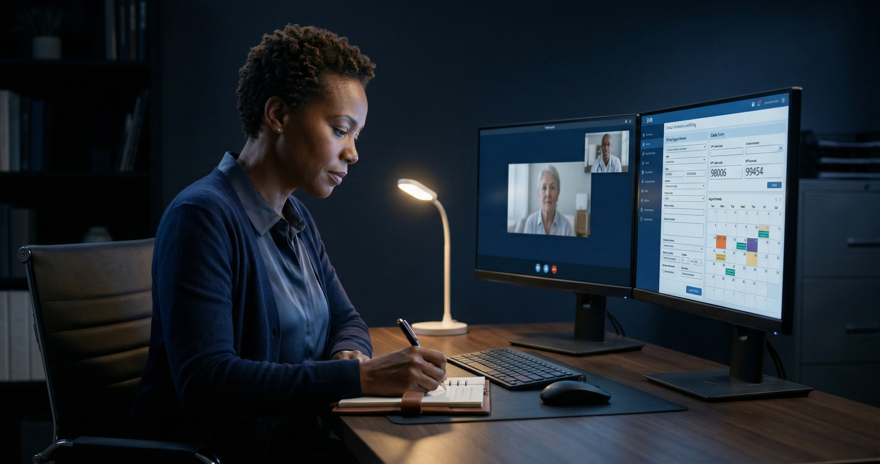 Physician at a desk at night reviewing telehealth billing codes on dual monitors