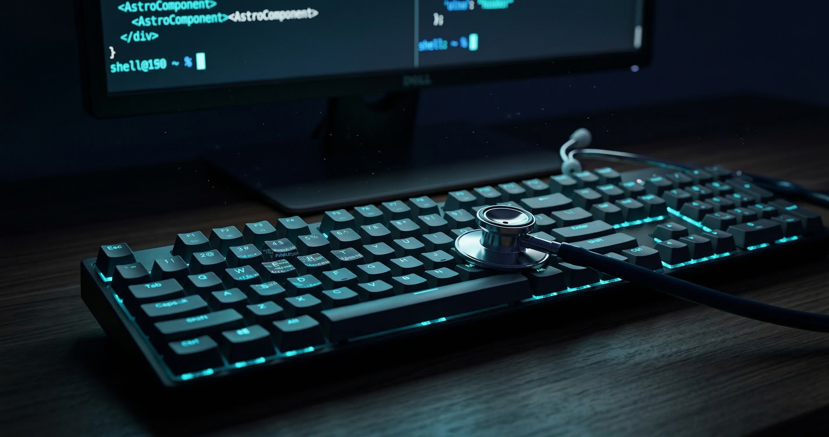 Terminal window showing Astro build output alongside a stethoscope