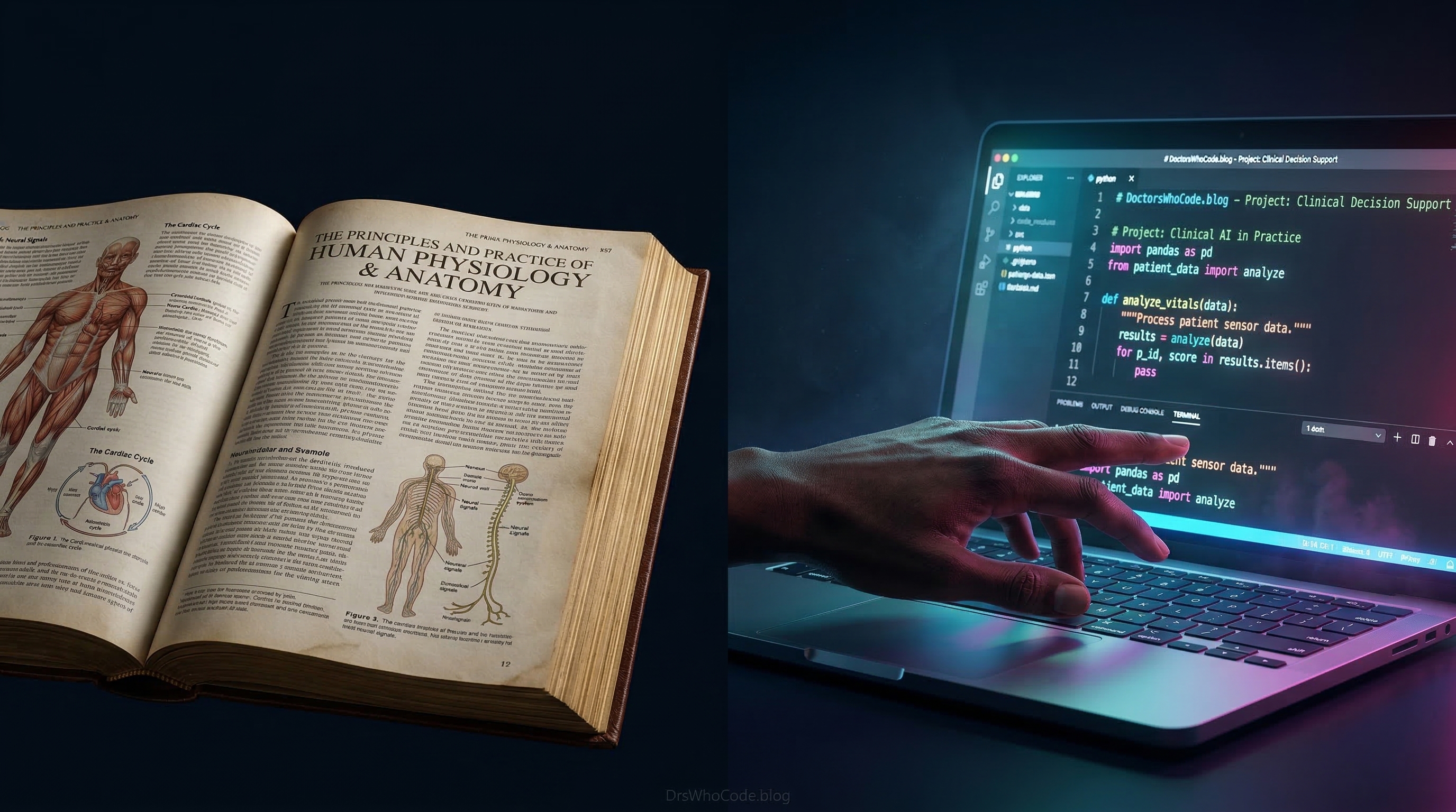 Physician reaching from a medical textbook toward a laptop with glowing code