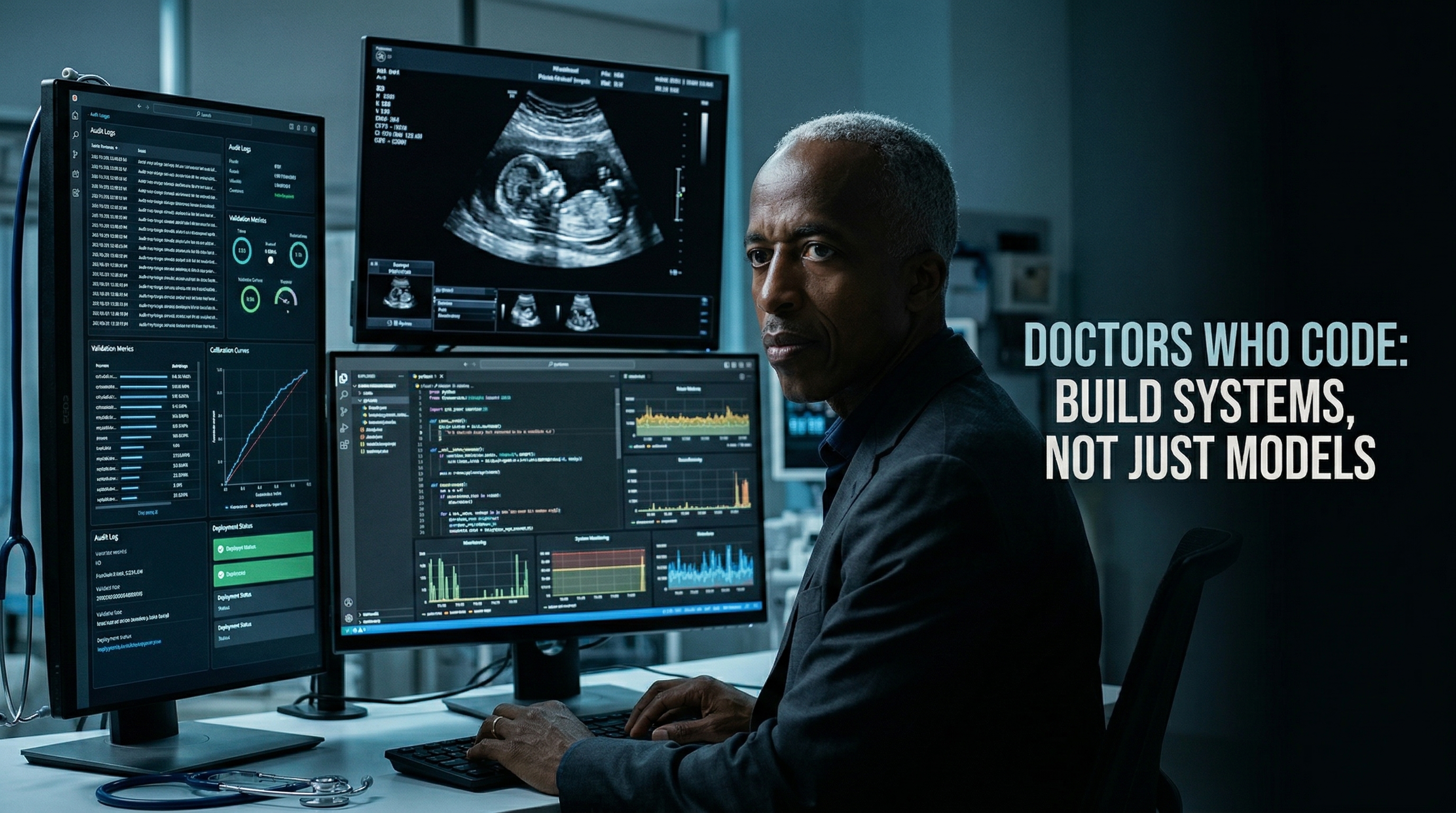 Physician at a workstation reviewing medical images, code, and system monitoring dashboards side by side