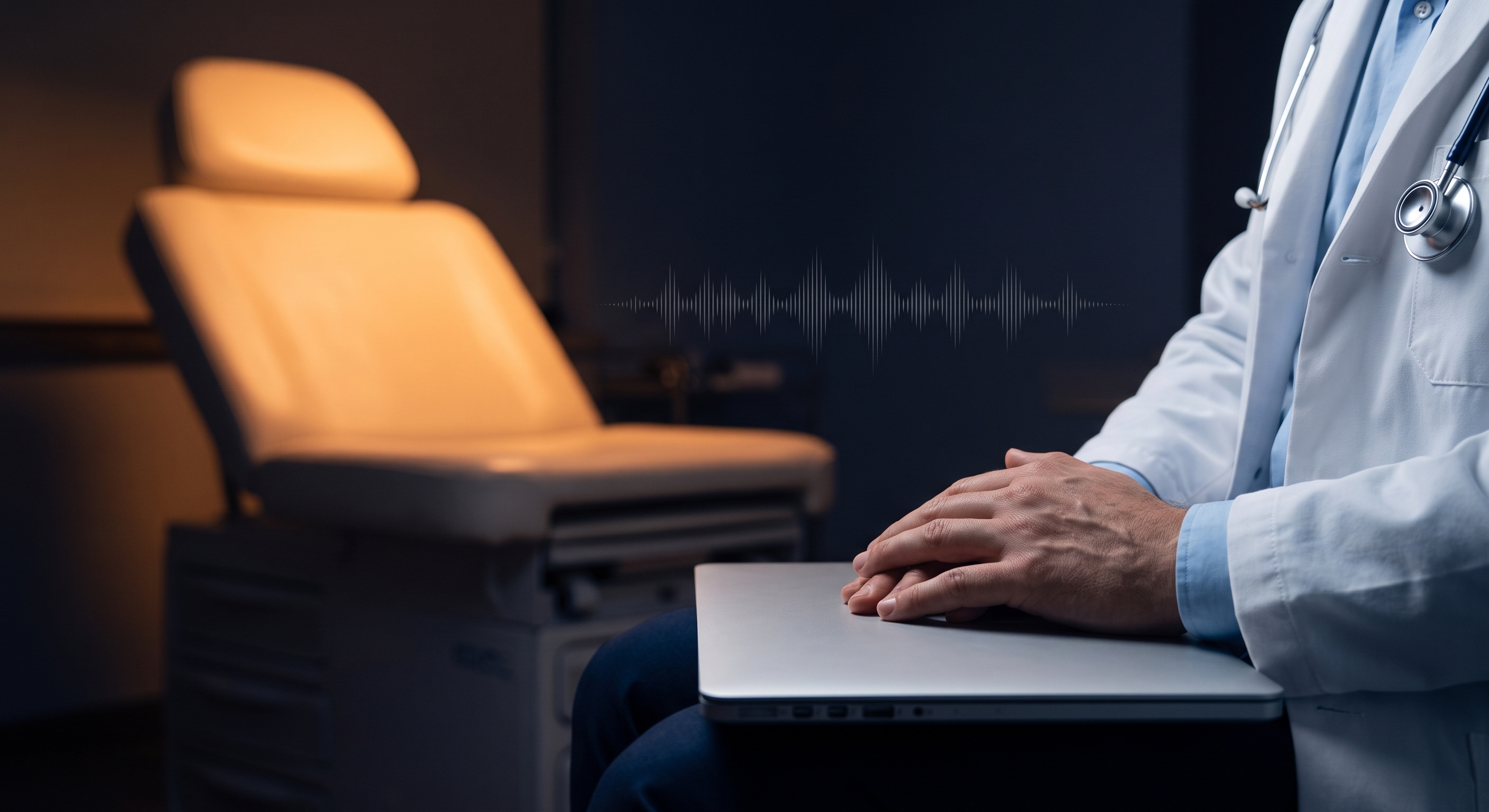 A physician's hands resting on a closed laptop across from an empty exam chair, dark clinical setting