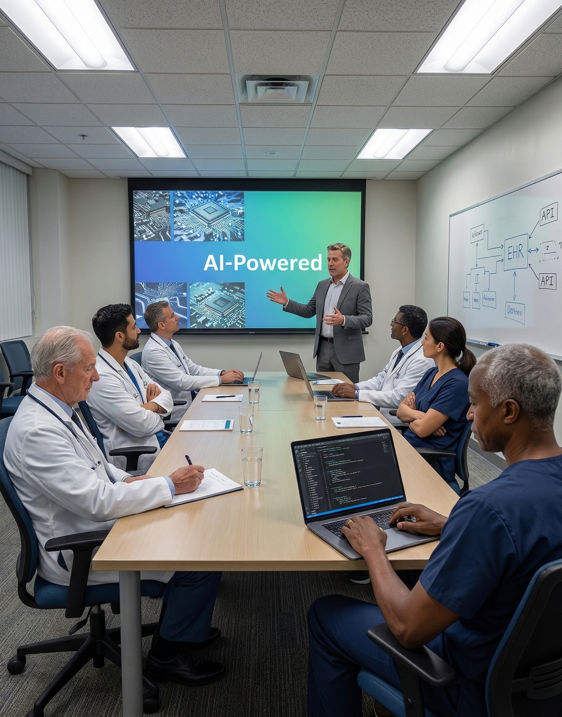 Hospital IT conference room with vendor AI presentation on screen, physicians at the table, one with a code editor open