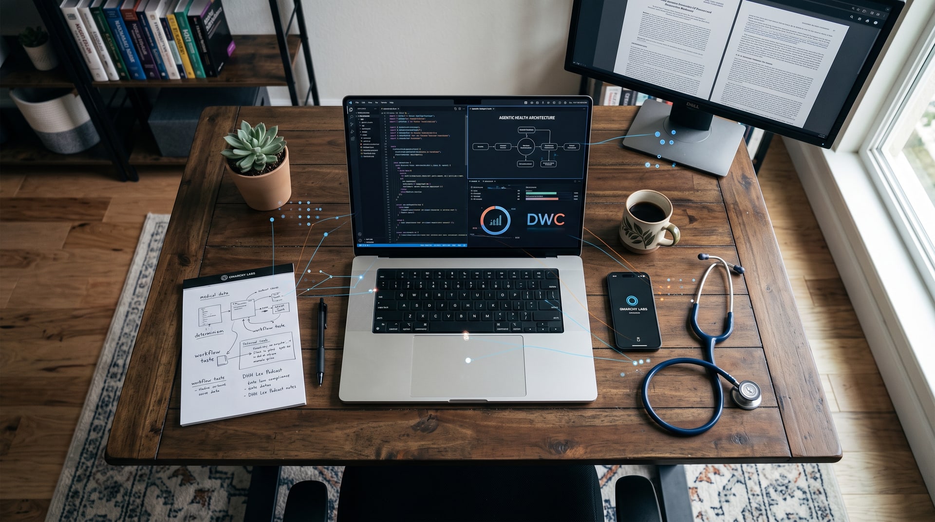 A physician-developer workstation with clinical literature, code, an agentic health architecture diagram, and a stethoscope