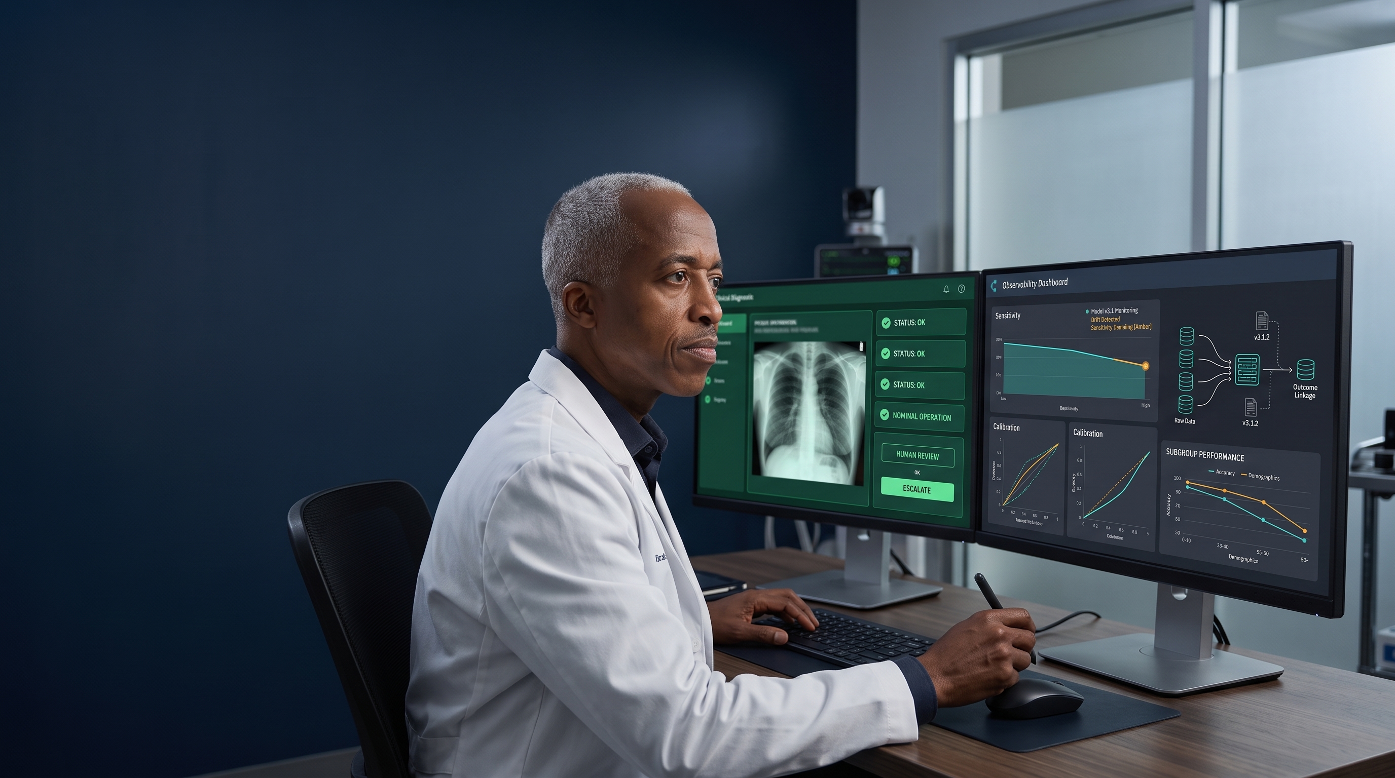 Physician reviewing a clinical AI observability dashboard showing sensitivity drift, calibration curves, and subgroup performance alongside a diagnostic imaging panel