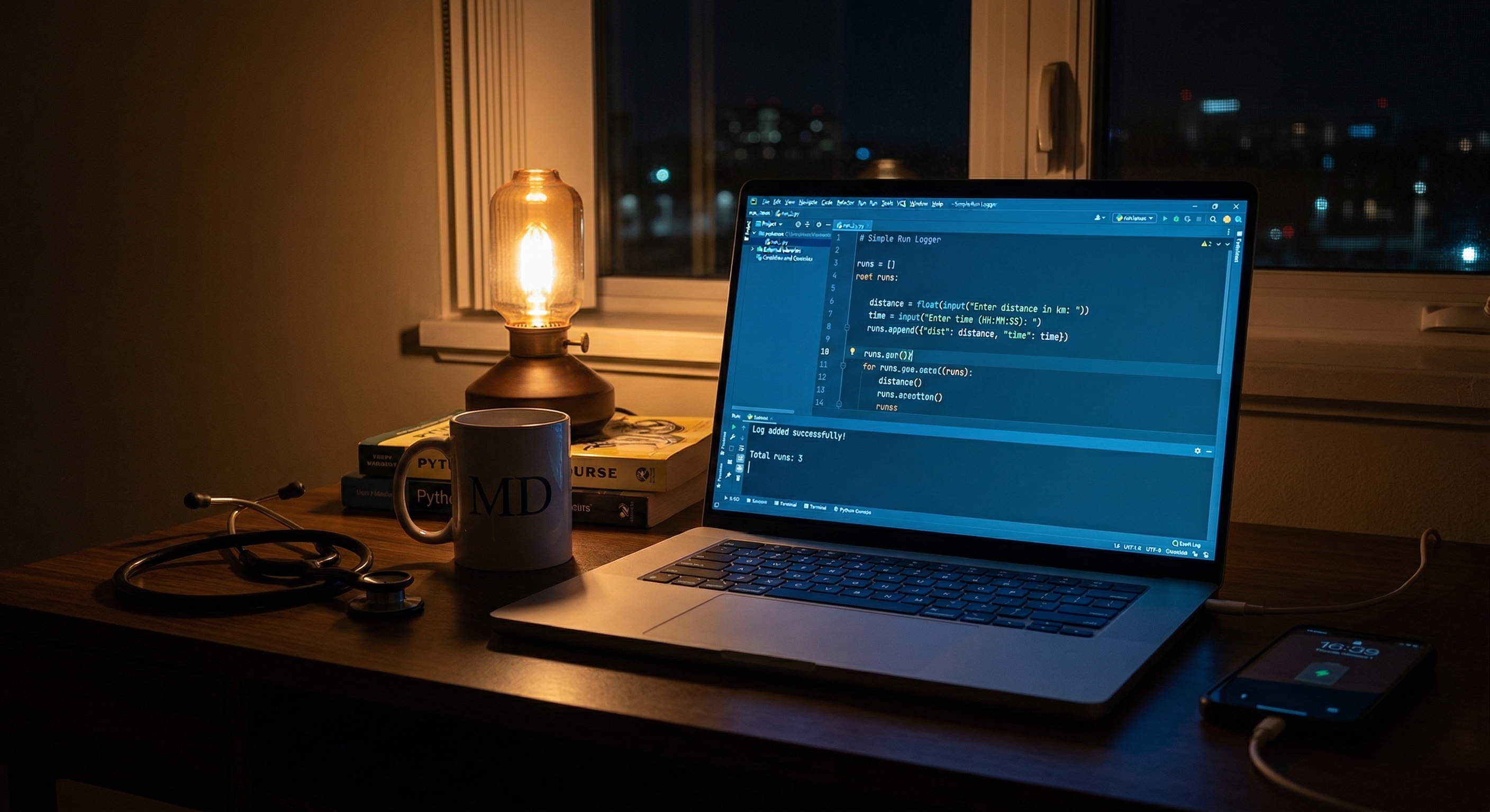Physician's home office desk at night with laptop showing a simple Python script, warm lamp light against cool screen glow