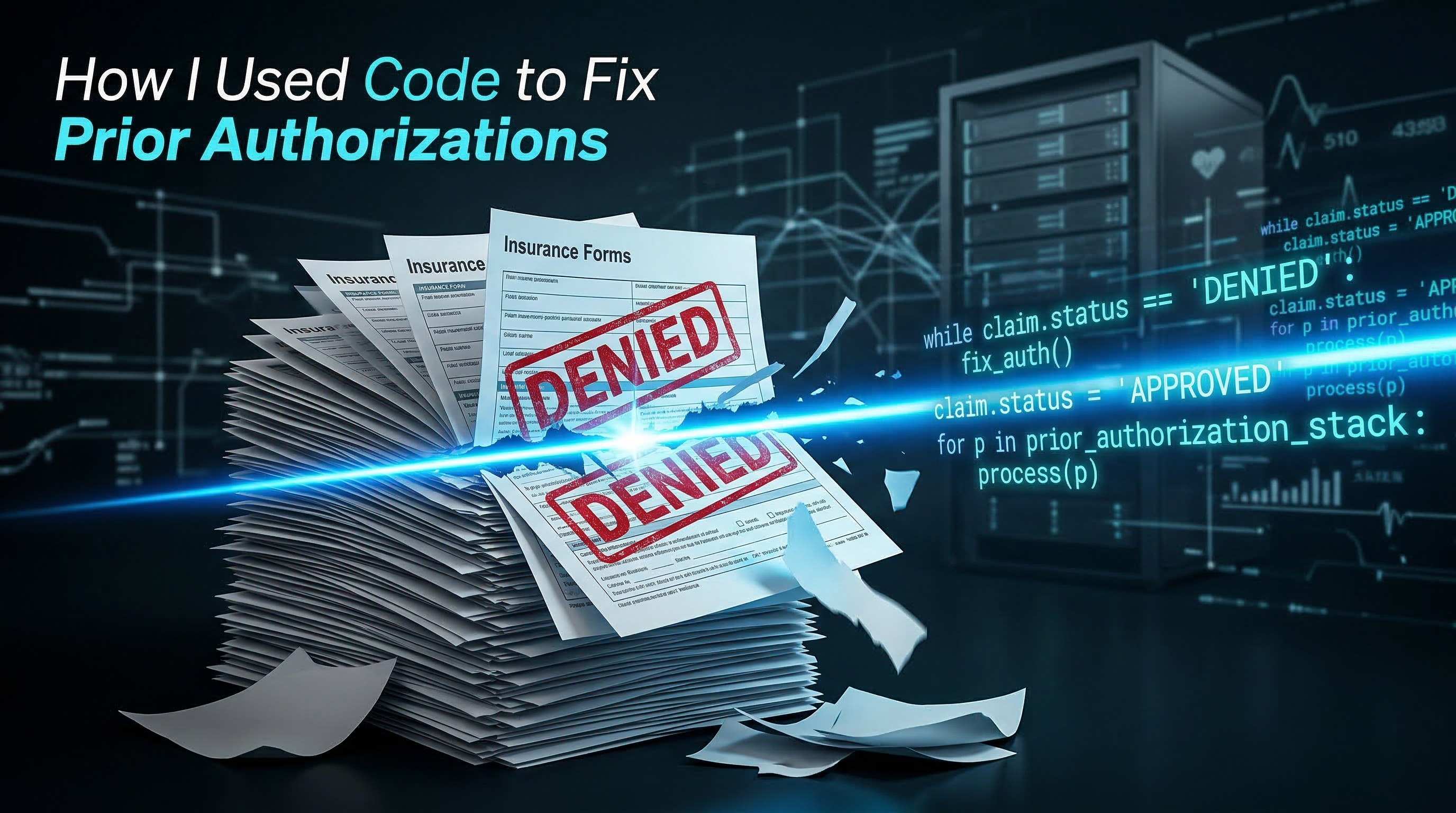 Insurance denial forms being cut through by a glowing line of code
