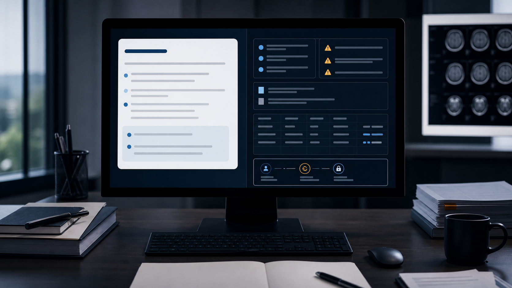 Clinical AI interface contrasting a polished answer with evidence layers, uncertainty warnings, and a physician review gate.