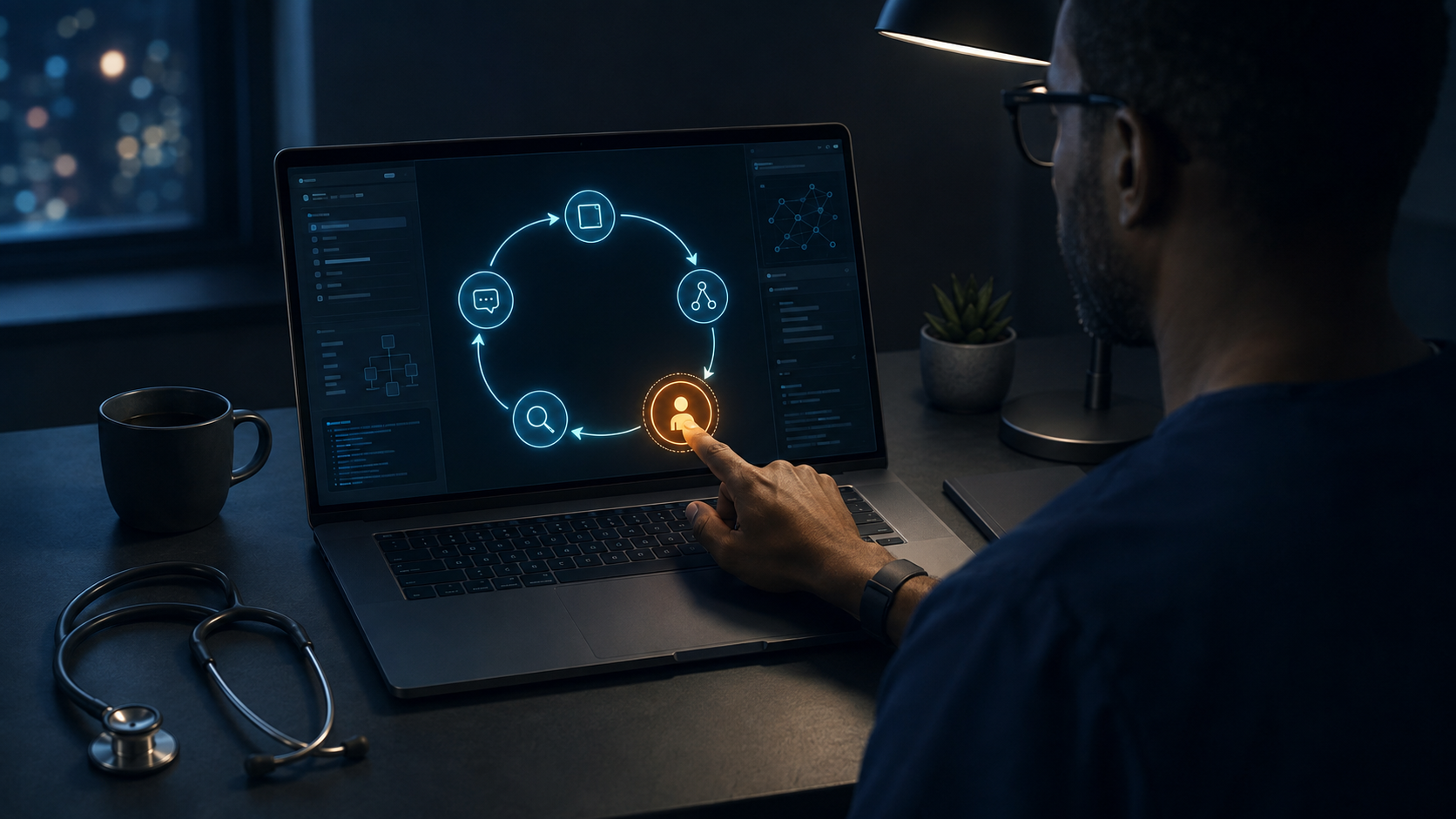 A physician-developer supervising a visible loop between an AI model, tools, observations, and a human approval checkpoint