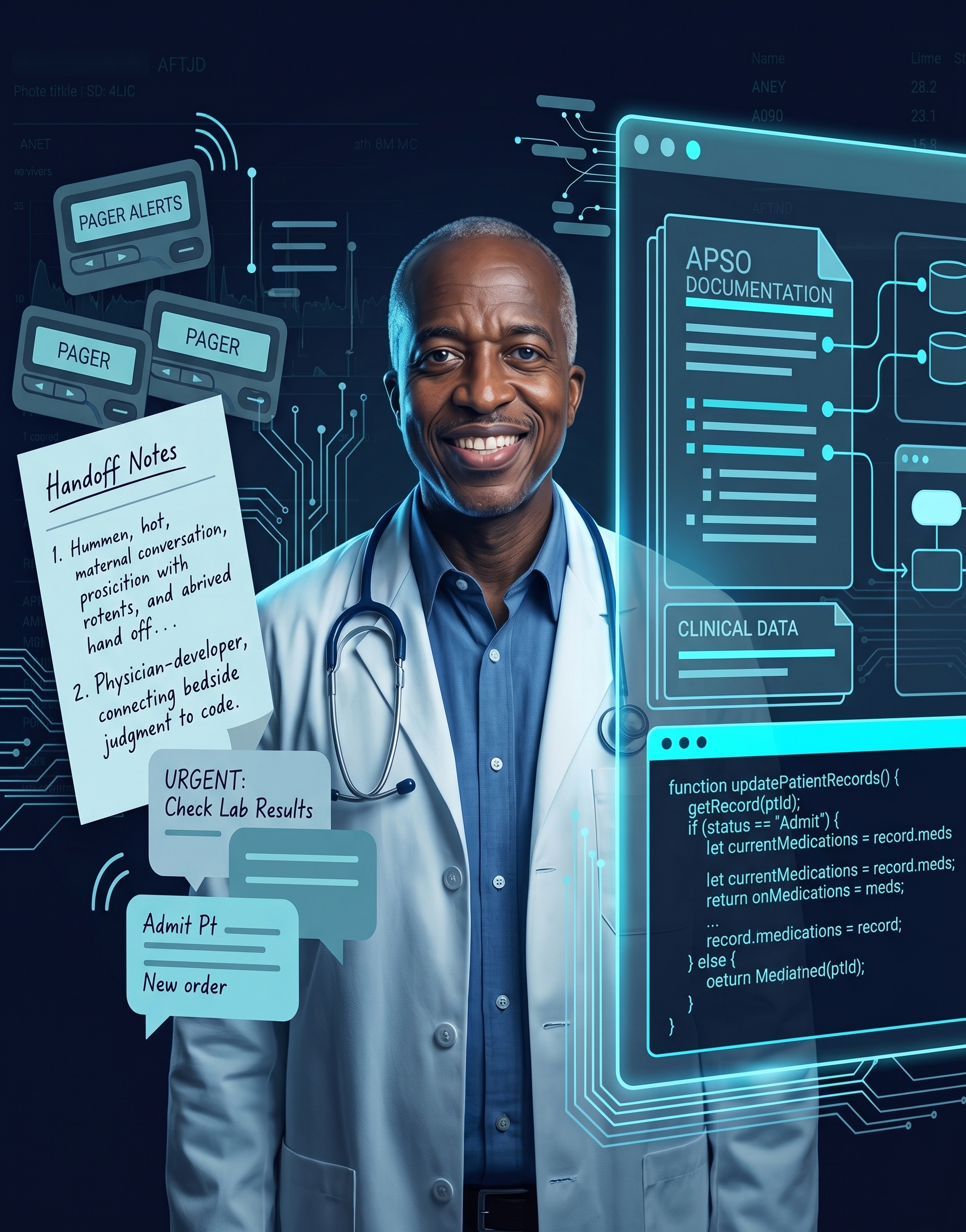 Physician using a structured clinical documentation workstation in a hospital corridor