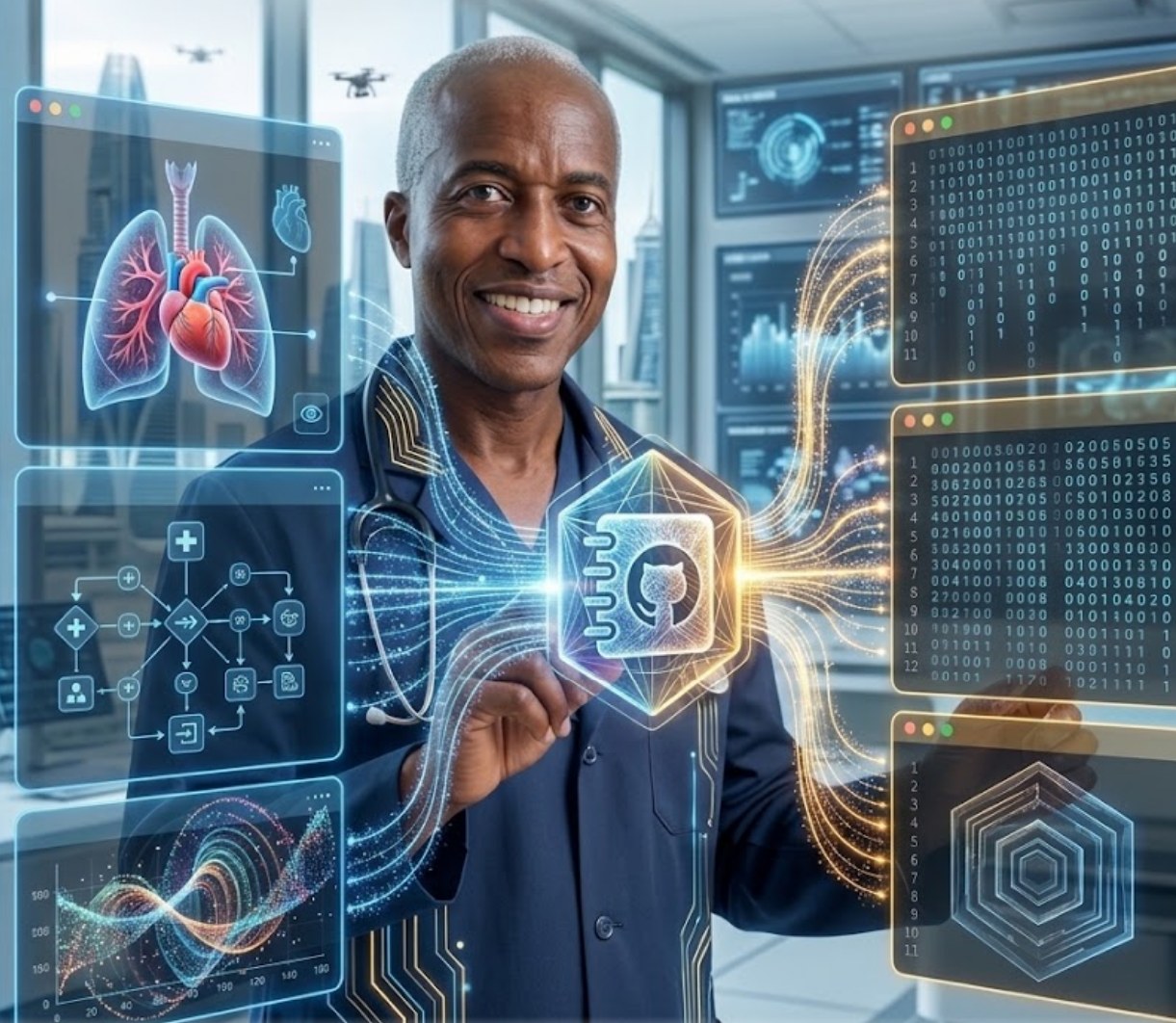 A physician-developer in a white coat holding a glowing GitHub Gist icon, connected by streams of light to clinical diagrams, decision trees, and code panels around him