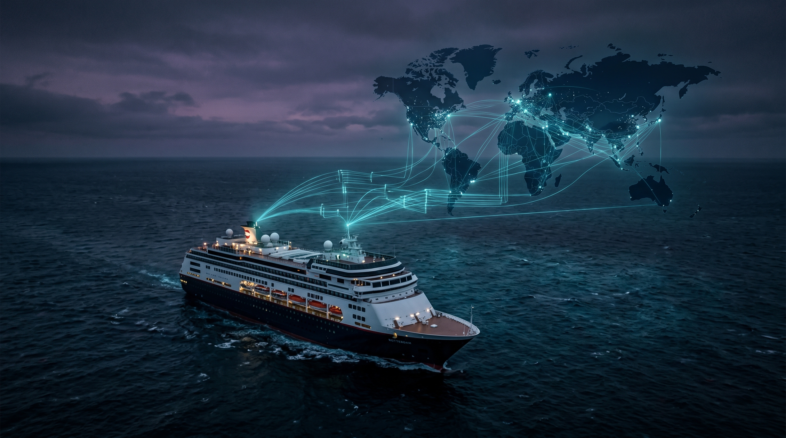 Expedition cruise ship at sea with a cinematic public health surveillance mood