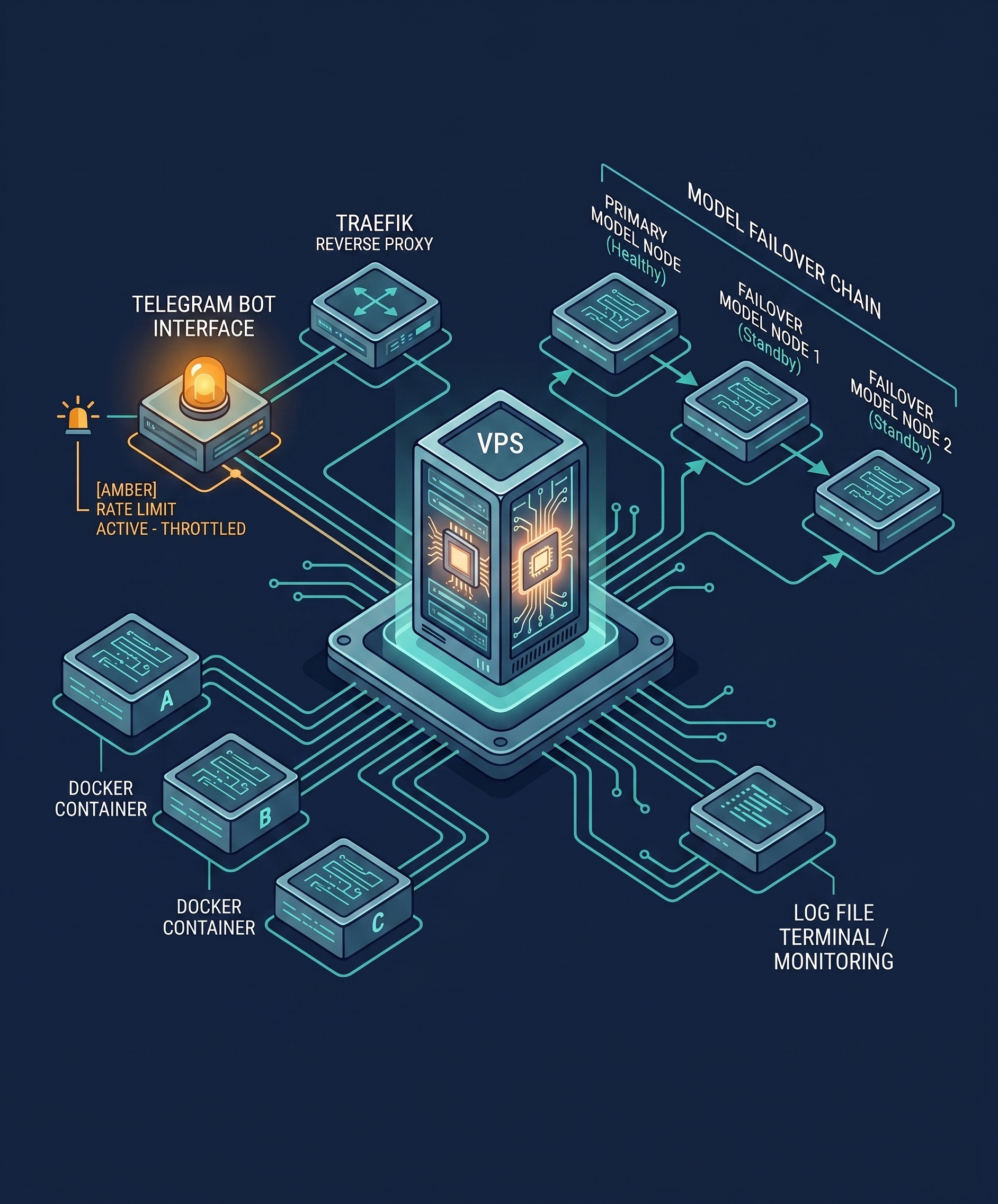 Production architecture diagram concept for Hermes Agent showing infrastructure, routing, logs, and healthcare AI workflow boundaries