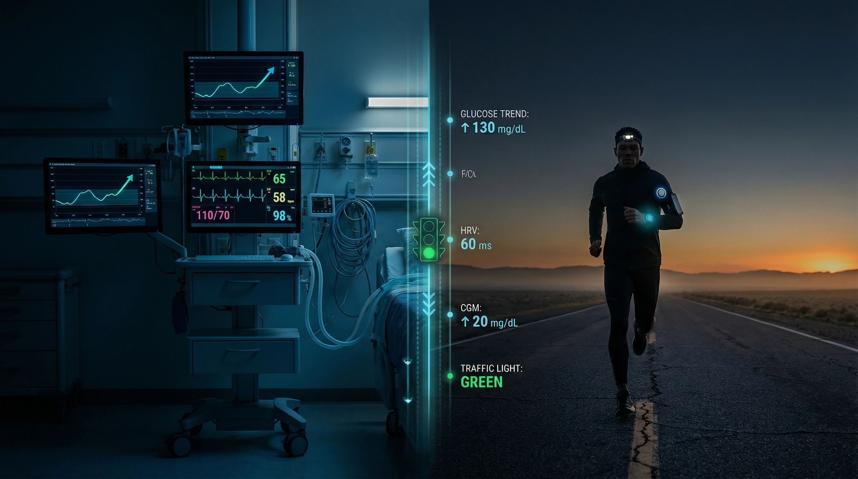 A split-screen image showing an ICU monitor with glucose waveforms and a marathon runner at dawn, bridged by a line of glowing data.