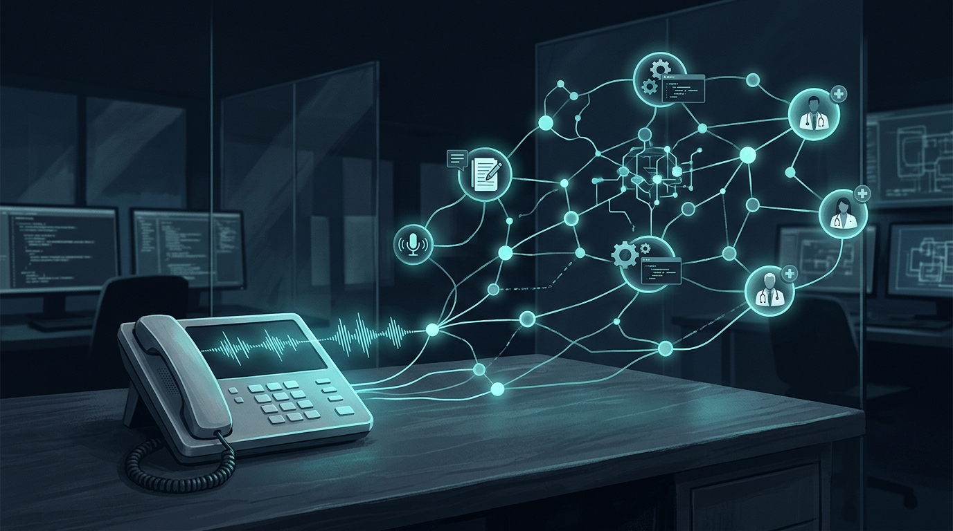 A telephone handset connecting directly to an illuminated agentic workflow network with audio waveforms, knowledge nodes, and structured clinical notes