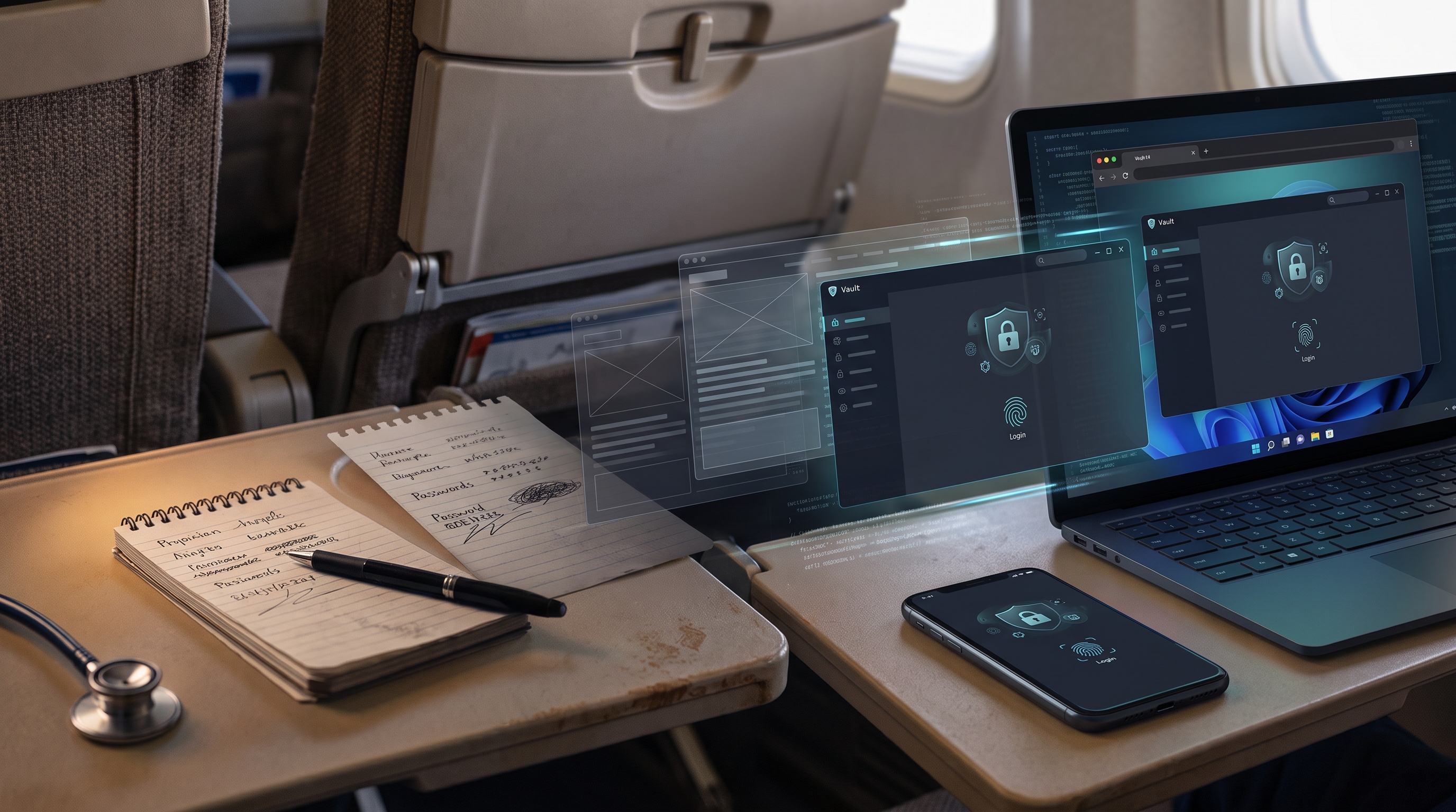 A traveler using a password manager on a laptop during an overnight international flight