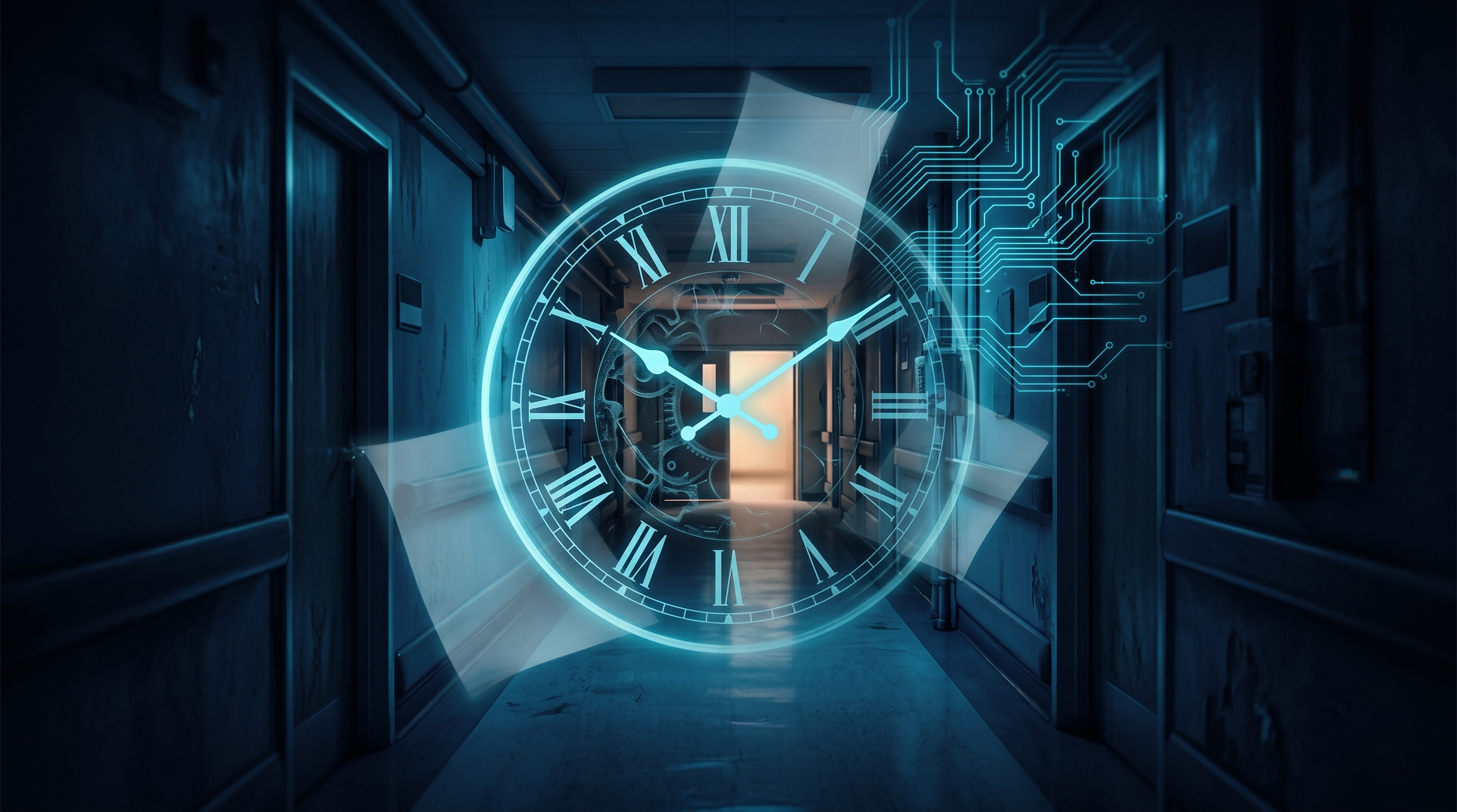 A glowing clock face superimposed over a dim hospital corridor, its hands mid-sweep, dissolving into circuit-board pathways