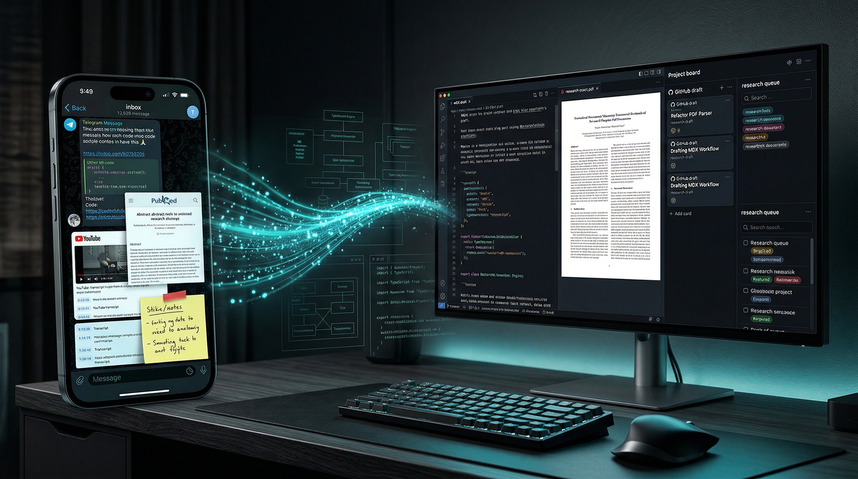 Cinematic physician-developer workflow showing research inputs flowing from Telegram and source materials into structured drafts, PDFs, and a publishable editorial pipeline