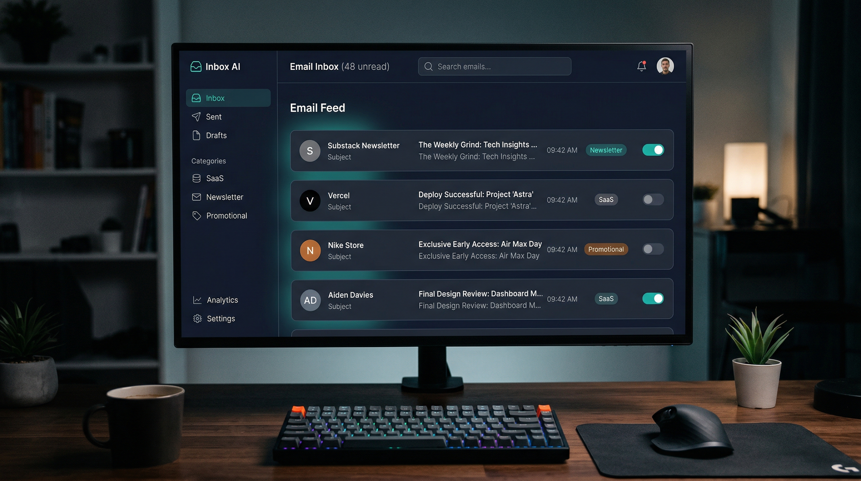 InboxDetox dashboard showing AI-categorized email subscriptions on a dark interface displayed on a monitor