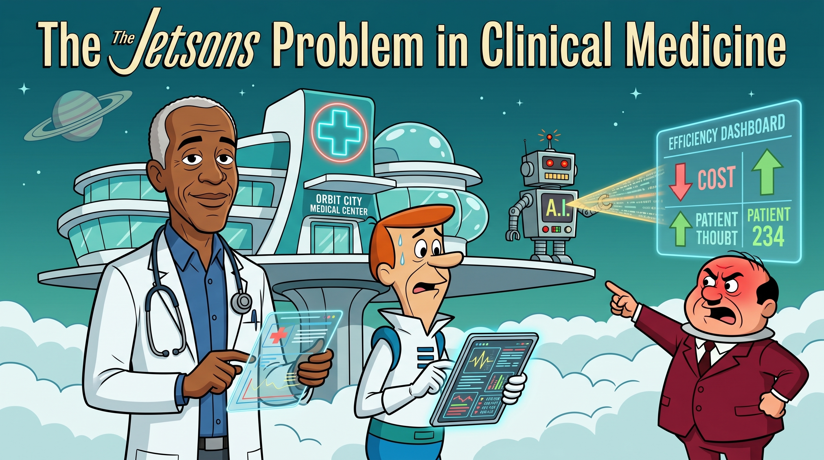 Retro-futurist clinical illustration showing a physician, a worried Jetsons-style clinician, a robot projecting an AI efficiency dashboard, and an Orbit City medical center